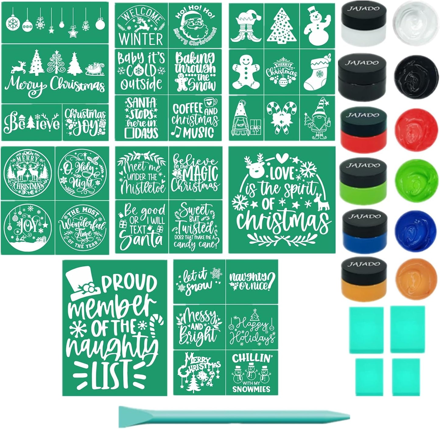JAJADO Chalk Paste Paint for Christmas Stencils Set 20 Pcs, Winter Silk Screen Reusable Adhesive Print Xmas Mesh Transfers for Craft on Wood DIY T-Shirt Gift Card