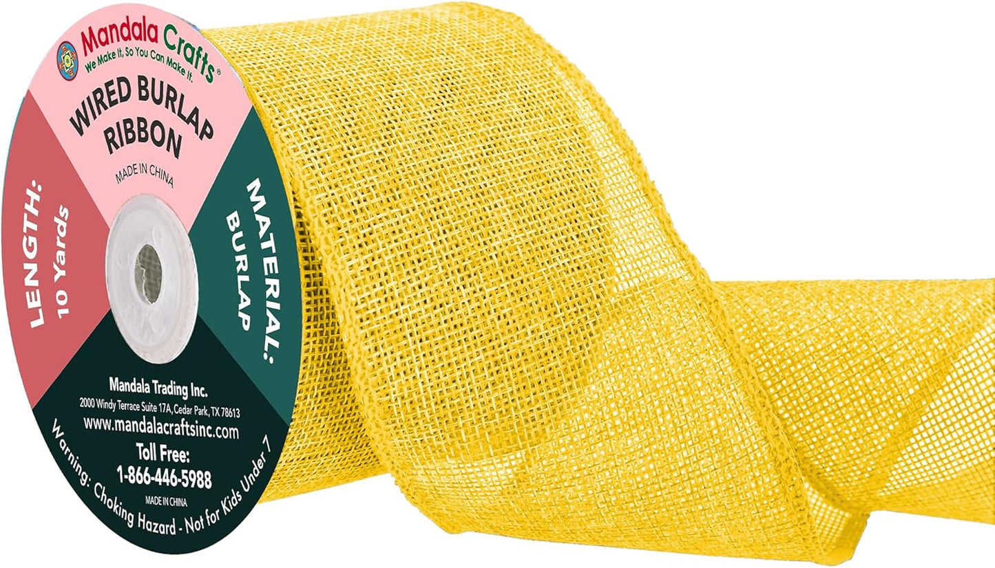 Mandala Crafts Yellow Burlap Wired Ribbon 3 Inches Wide Jute Ribbons for Crafts - 10 Yds Roll Rustic Burlap Wrap Trim Ribbons for Wreaths Bows Party Decoration