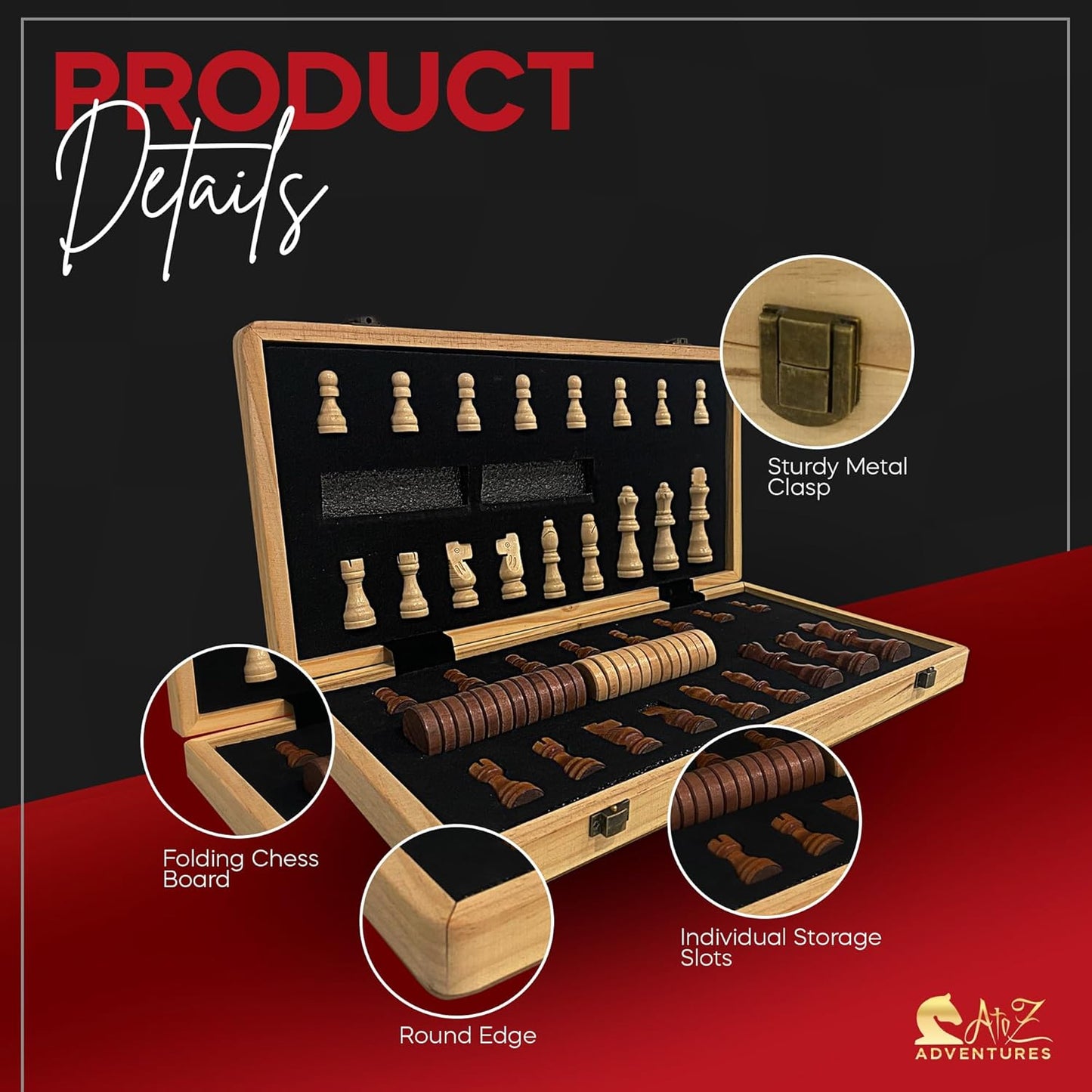 Magnetic Chess Set with Checkers - 15" (2 in 1) Folding Wooden Chess Sets for Adults & Kids with 2 Extra Queens | Travel Chess Board Game Set with Chess Pieces Storage Slots, Luxury Gift with Storage