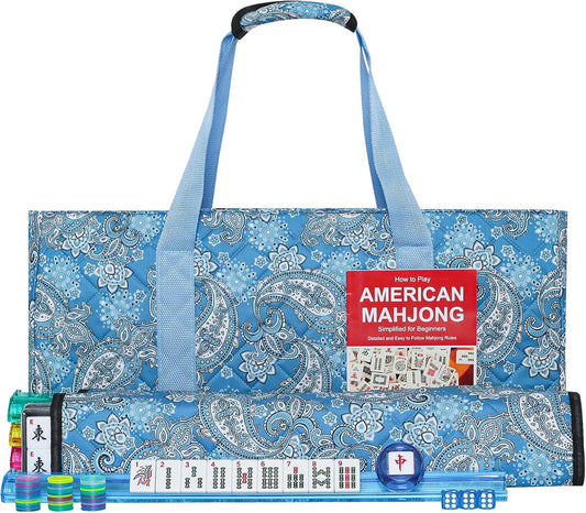 American Mahjong Game Set, 166 Quality White Tiles, 4 All-in-One Color Rack/Pushers, Mahjong Tile Set with Light Blue Printed Carrying Bag