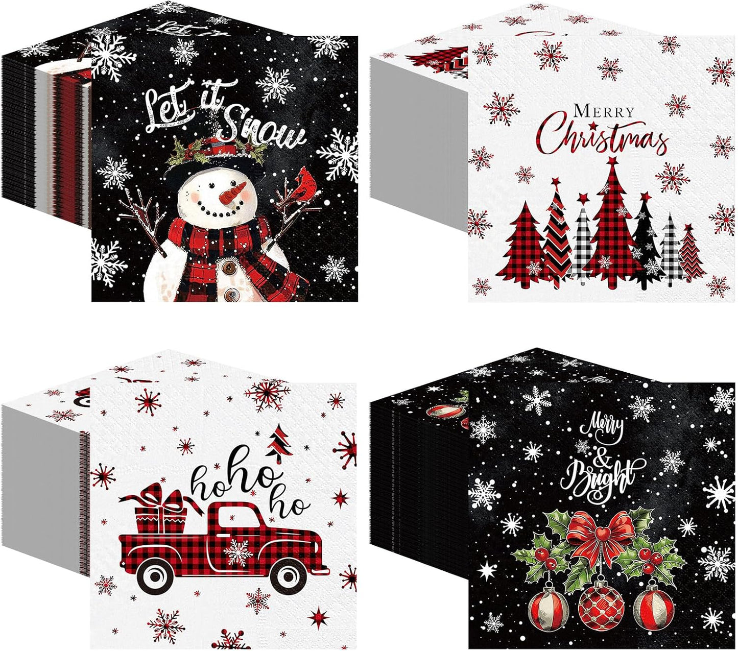 Janlaugh 200 Pcs Christmas Paper Napkins Disposable Snowman Cocktail Napkins Decoupage 2 Ply Snowflake Dinner Napkins Santa Beverage Napkins for Xmas Winter Table Decor(Black,Snowman)