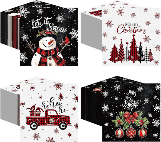 Janlaugh 200 Pcs Christmas Paper Napkins Disposable Snowman Cocktail Napkins Decoupage 2 Ply Snowflake Dinner Napkins Santa Beverage Napkins for Xmas Winter Table Decor(Black,Snowman)