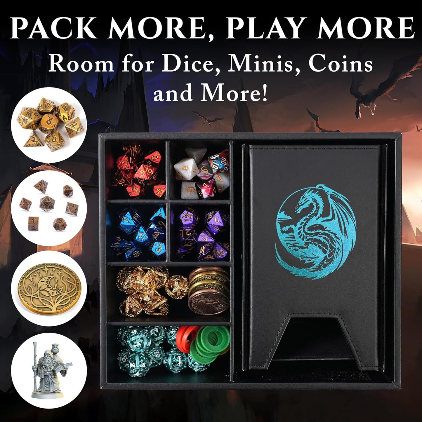 Soar Forge Dice Tray and Dice Tower for DND and RPG - All-in-One Game Roamer Tray & Large Tower for Random Rolls - Stores Your Sets, Mini's and More Compatible with D&D (Blue Dragon)