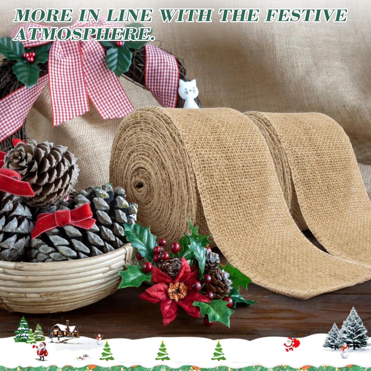 Burlap Ribbon 3 Inch Wide - Natural Burlap Fabric Rustic 29.5 FT 2 Rolls 4.9 Yard Thick Jute Christmas Ribbon for Crafts Flower Bouquet Christmas Tree Decorations