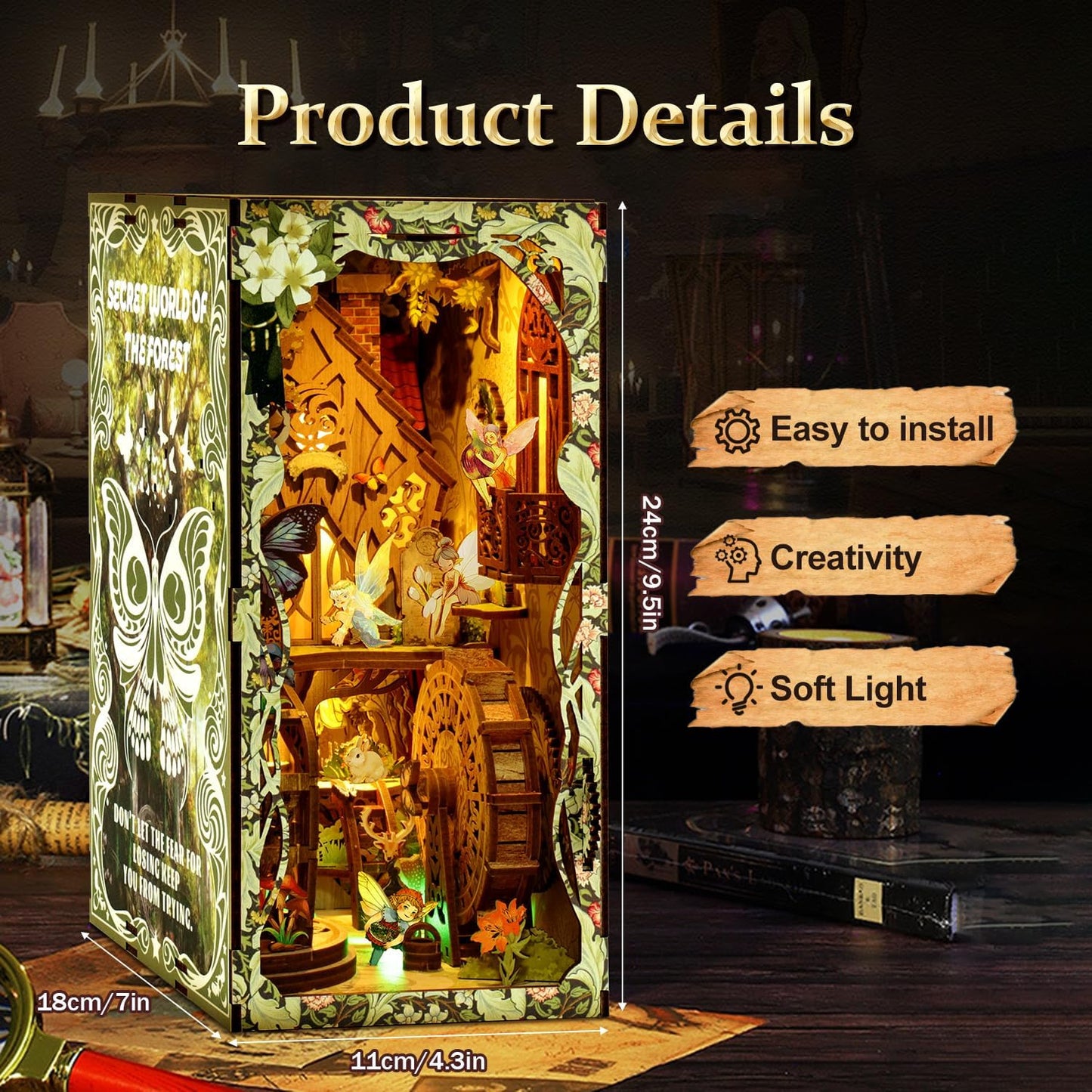 Book Nook Kit for Adult - THRIVINGIVAN Miniature Model Build Dollhouse Kit 3D Wooden Puzzle with Sensor Led Light for Bookshelf Bookend Insert Decor Adults Teen Crafts(Spirit)