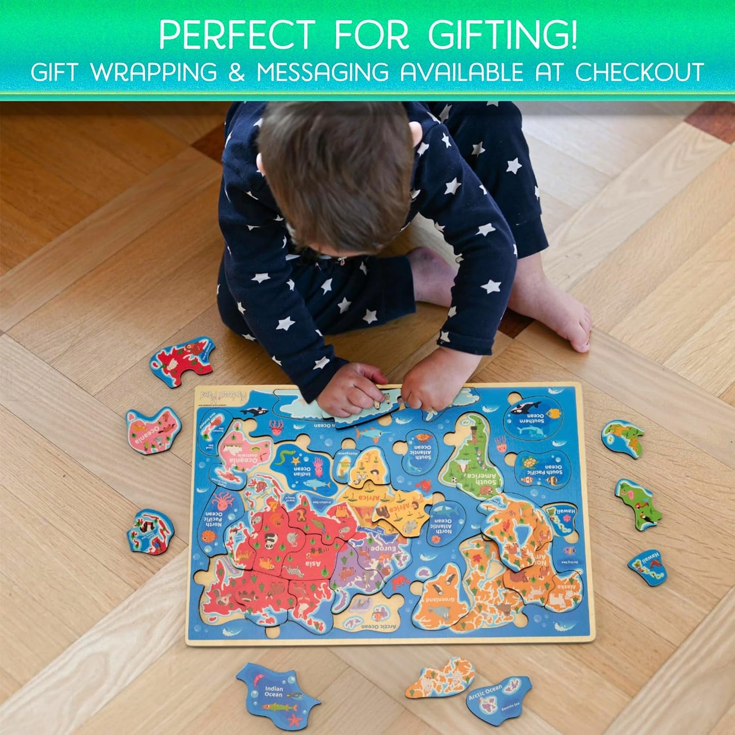 Montessori Mama World Map Wooden Puzzle, Continents and Oceans Puzzles for Kids Ages 4-6. Perfect Educational Toys for 4 Year Old Including Global Landmarks, Animals and Marine Life