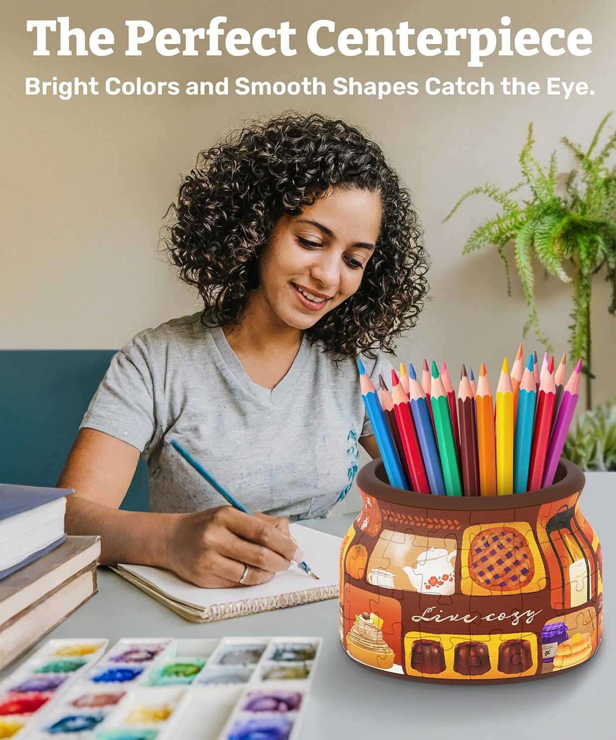 PieceRelax 3D Puzzle Jar 64 Plastic Pieces for Adults - Live Cozy - Wooden Lid Container for Kitchen Dining Study Living Room No Glue Requied Small [BC1021]