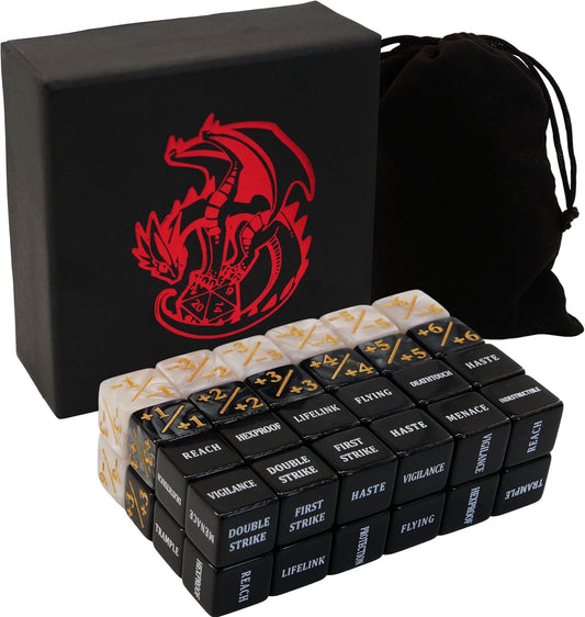 MTG dice Set with counters - 50 dice Including keyword, +1 to +6, -1 to -6 counters for Final Fantasy Magic The Gathering, Comes with Storage Box and Velvet Pouch(Text Version)