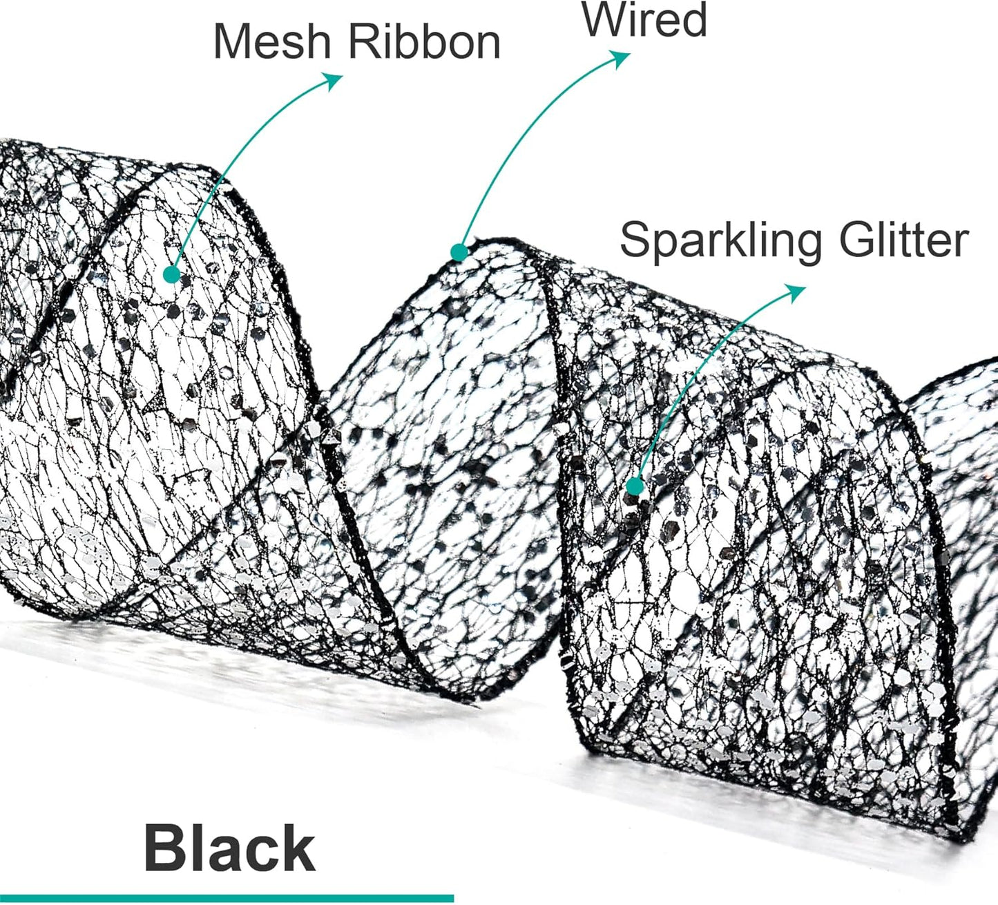 CT CRAFT LLC Sparkling Glitter Mesh Wired Ribbon 2.5" x 20 Yards Black for Christmas Home Decor Bow Gift Wrapping DIY Crafts Wreath
