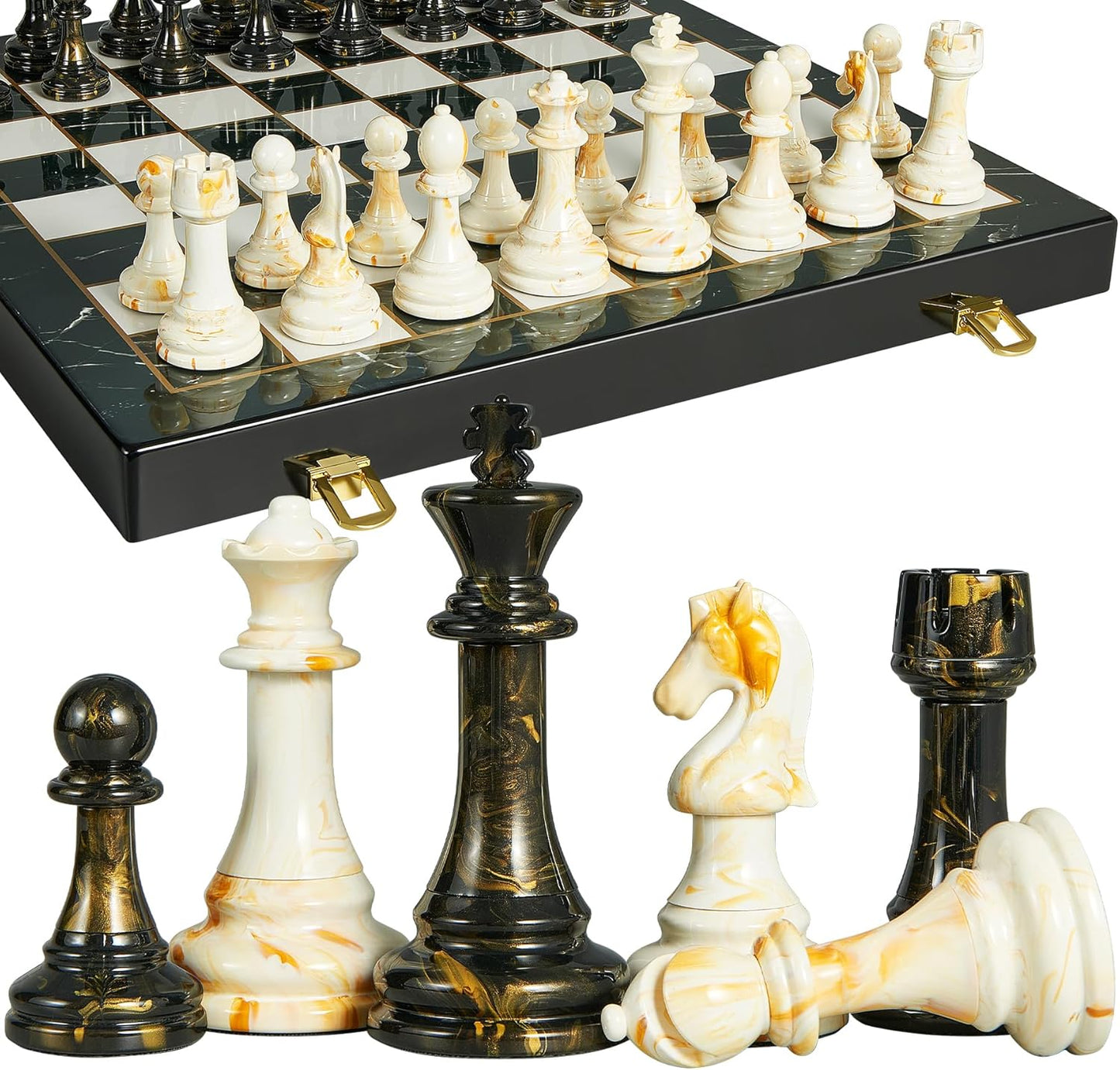 15" Large Chess Set for Adults- Weighted Acrylic Pieces Including Extra 2 Queens, 3.5" King w/Leather Base, Portable Folding Marbling Wooden Chess Board - Travel/Family Game & Elegant Gift