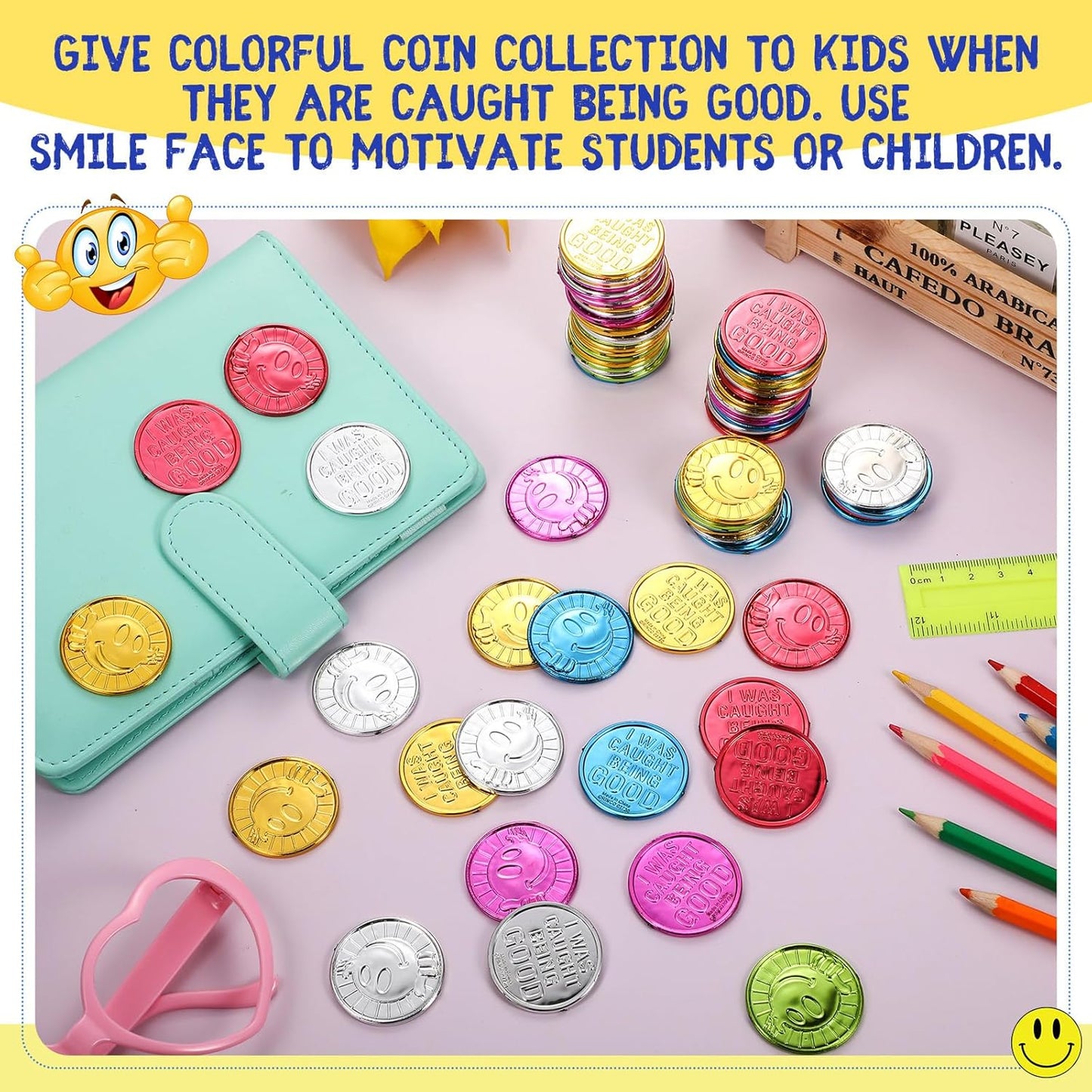 Jerify Caught Being Good Coins for Kids Behavior Tokens Plastic Reward Colored Pretend Coin Carnival Halloween Party Counting(200 Pcs,Smile Face)