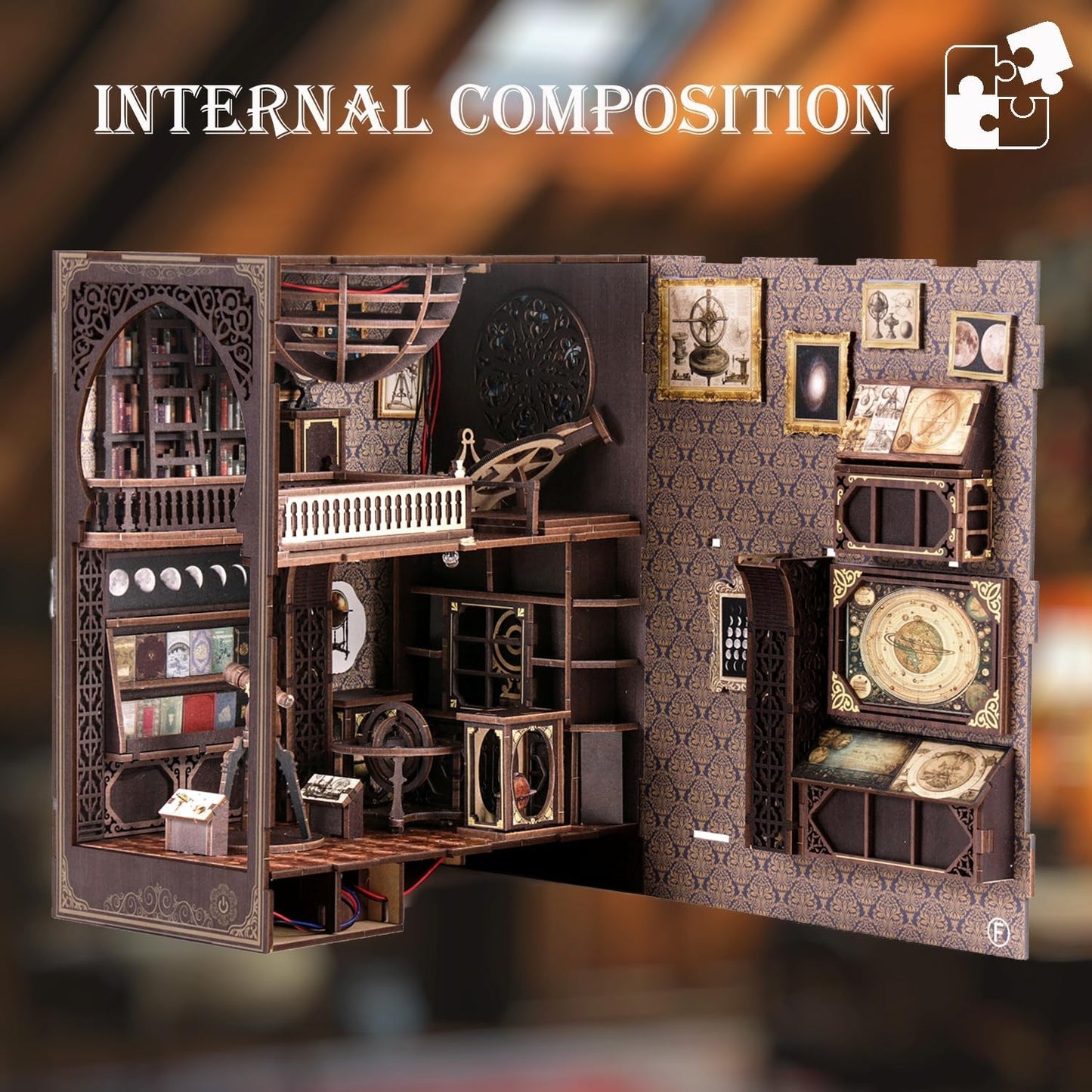 Book Nook Kits for Adults, 3D Printed DIY Miniature House Kit Astronomical Museum Booknook Wooden Puzzle Dollhouse Bookshelf Insert Decor with LED Lights Gifts for Book Lovers, Space Enthusiasts