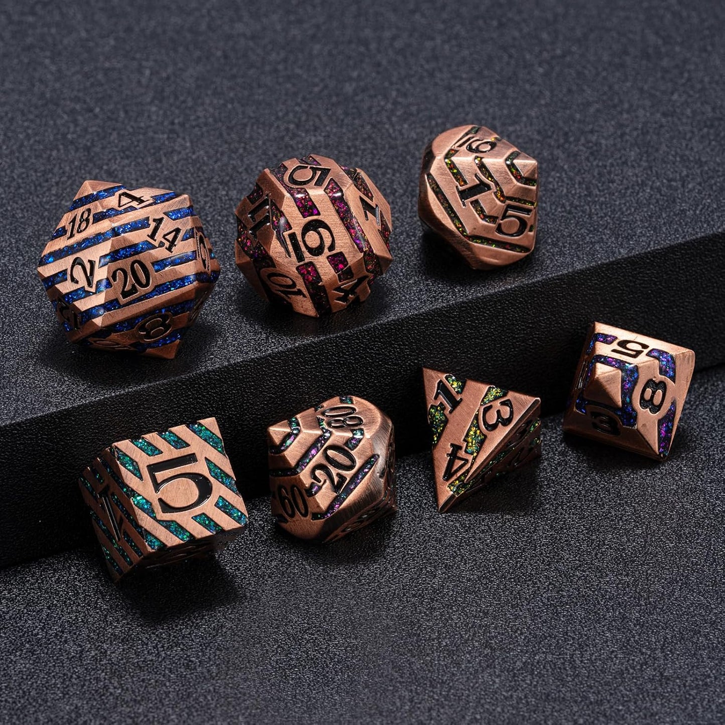 Metallic Glitter Stripes D&D,DND Metal Dice,7pcs Polyhedral Dice Set with Gift Case for D&D Tabletop Game (Antique Red Copper Seven Colors)