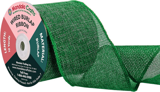 Mandala Crafts Green Burlap Wired Ribbon 3 Inches Wide Jute Ribbons for Crafts - 10 Yds Roll Rustic Burlap Wrap Trim Ribbons for Wreaths Bows Party Decoration