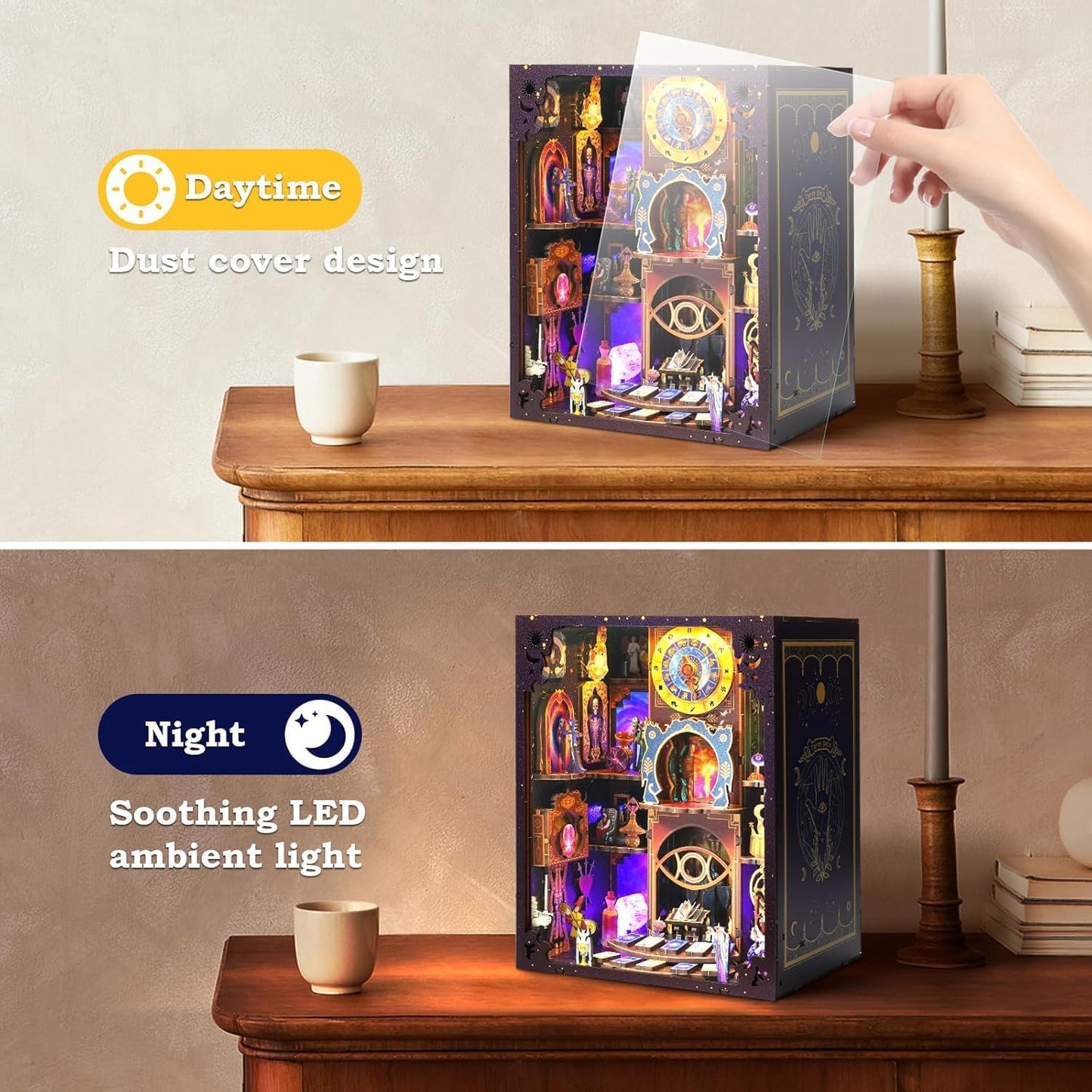 Tarot Book Nook Kit - 3D Wooden Puzzle for Adults, Teens & Beginners, DIY Miniature Bookshelf Insert with LED Light, Mysterious Craft Gift for Family, Friends