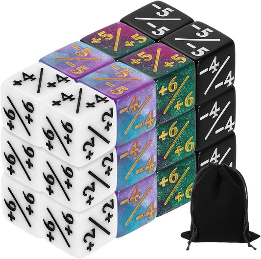 uxcell 24Pcs Magic Dice Counters, Acrylic D6 Life Token Dice Set with Pouch for Standard Cards Gaming Accessories, White, Black, Green & Purple, Blue & Purple