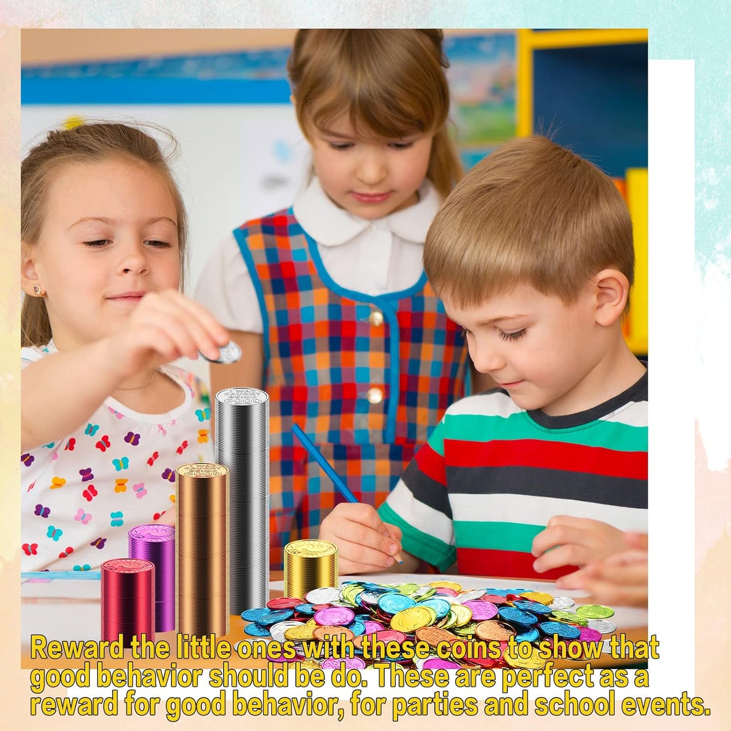 Jerify 500 Pcs I was Caught Being Good Coins for Kids Behavior Tokens Laugh Face Plastic Reward Colored Pretend Coin Carnival Halloween Party Counting (Crown)