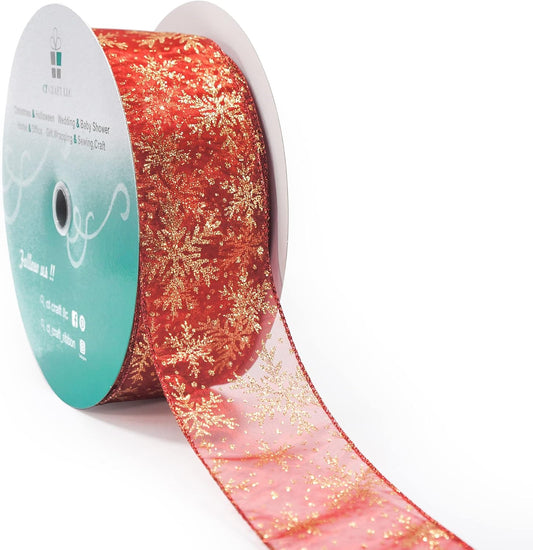 CT CRAFT LLC Organza with Red Glitter Snowflakes Wired Ribbon 2.5 inch x 50 Yards for Christmas Home Decor Tree Topper Bow Gift Wrapping DIY Crafts Wreath Garland Wedding