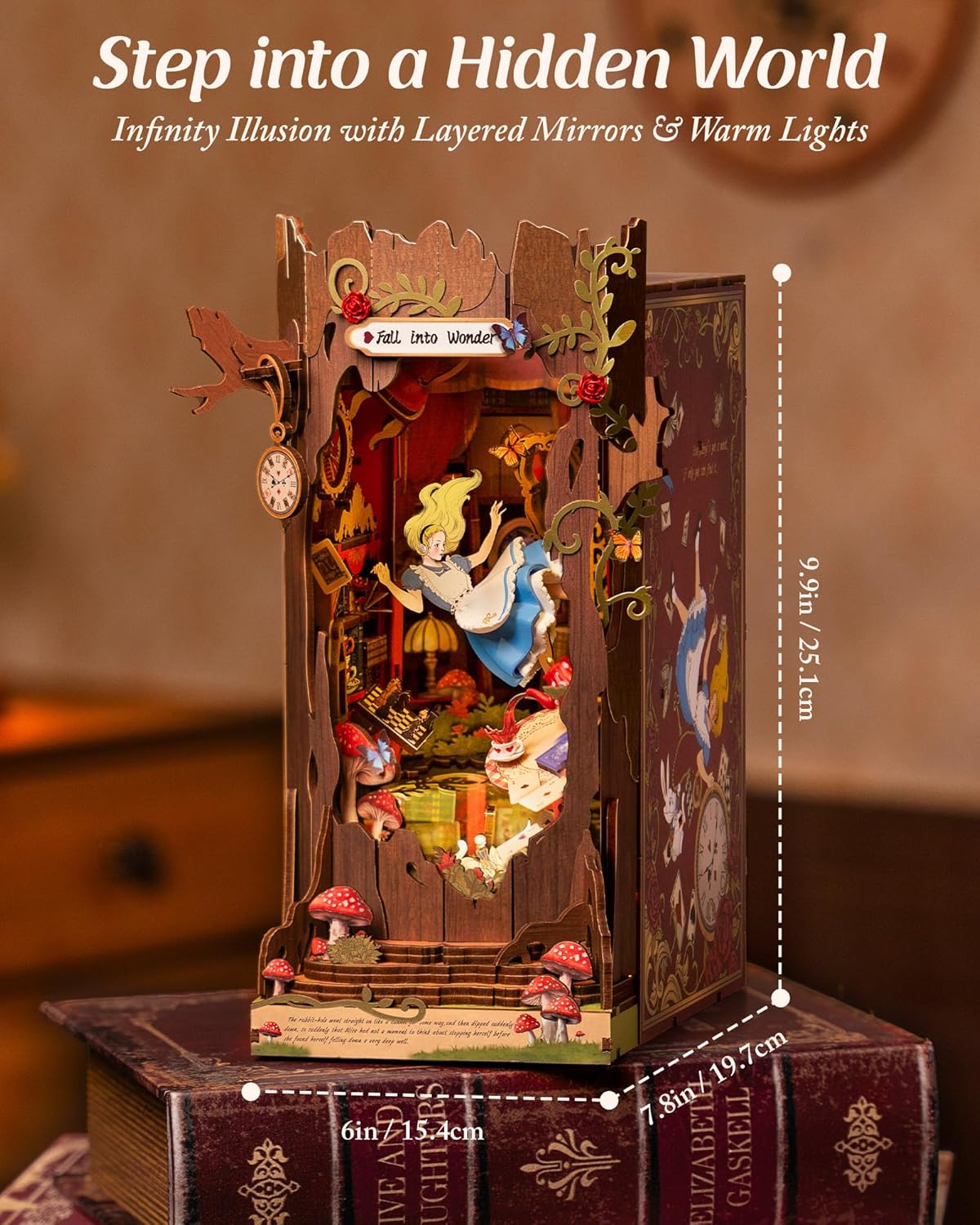 ROBOTIME Book Nook Kit, Fairy Tale Princess DIY Miniature House Kit, Fall into Wonder 3D Wooden Puzzle Bookends, Tiny House Bookshelf Decor Creative Decorative Unique Gifts for Adults & Teens