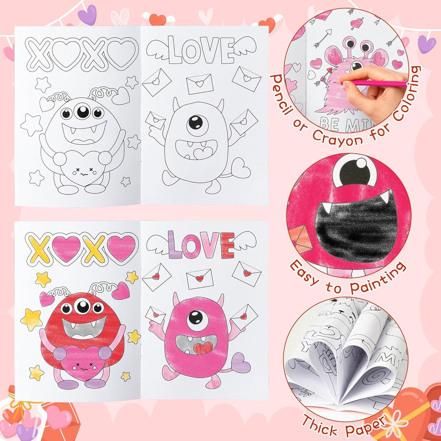 JAPBOR Valentine's Day Coloring Book - 24PCS Mini Valentine Monster Color Books Bulk for Party Favors, Sweet Romantic Themed Small Colouring Pages for Birthday Gifts Class Drawing Painting Game