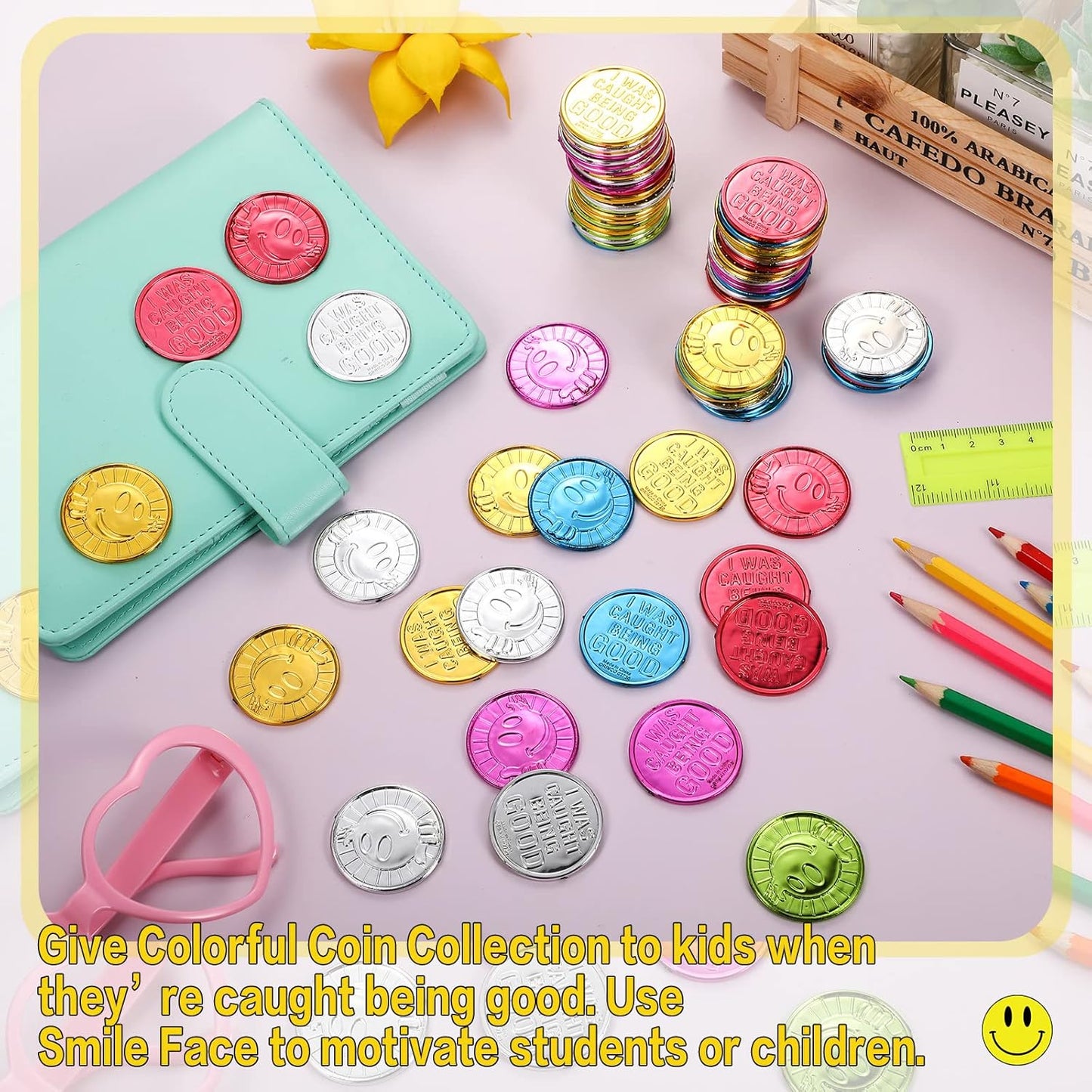 Jerify 500 Pcs I was Caught Being Good Coins for Kids Behavior Tokens Laugh Face Plastic Reward Colored Pretend Coin Carnival Halloween Party Counting (Crown)