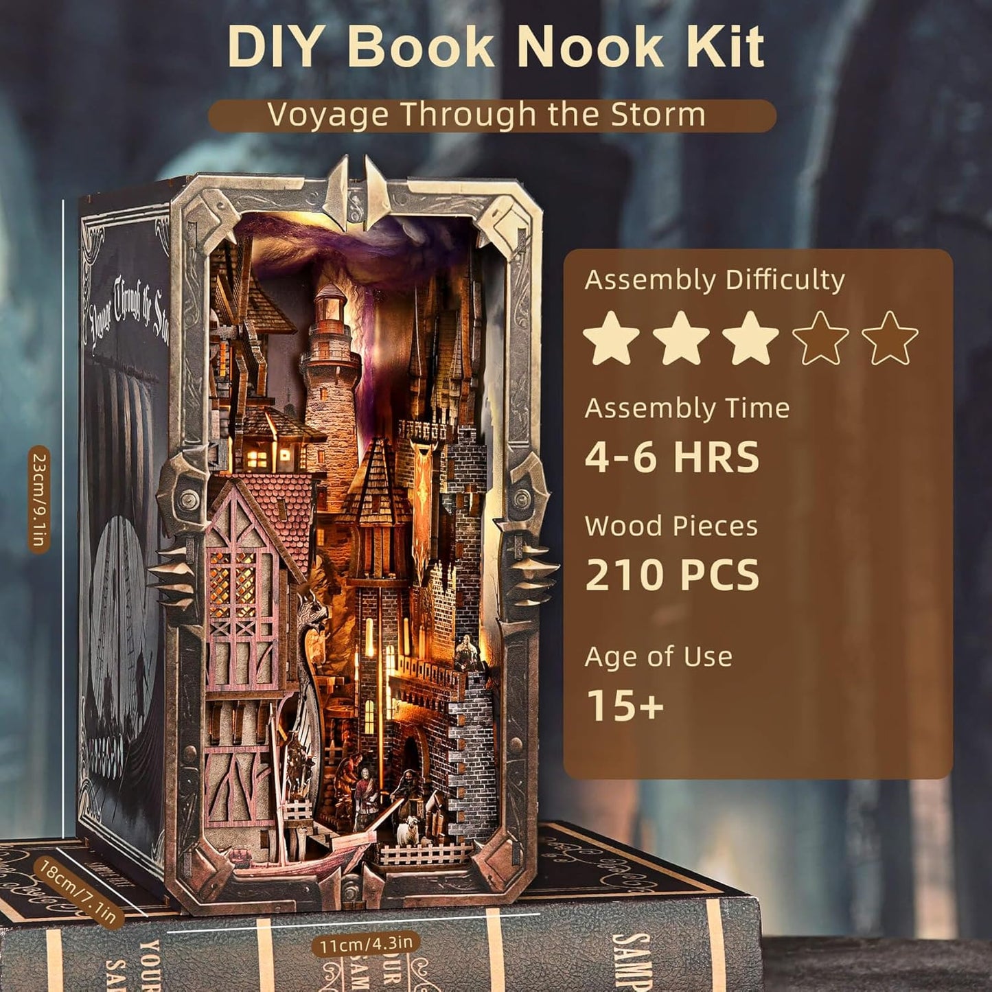 Book Nook Kit - DIY Miniature House Dollhouse Kit for Adults and Teens, Medieval Fantasy Viking Theme Bookshelf Decor 3D Wooden Puzzle Bookend, Gifts for Family, Friends (Voyage Through The Storm)