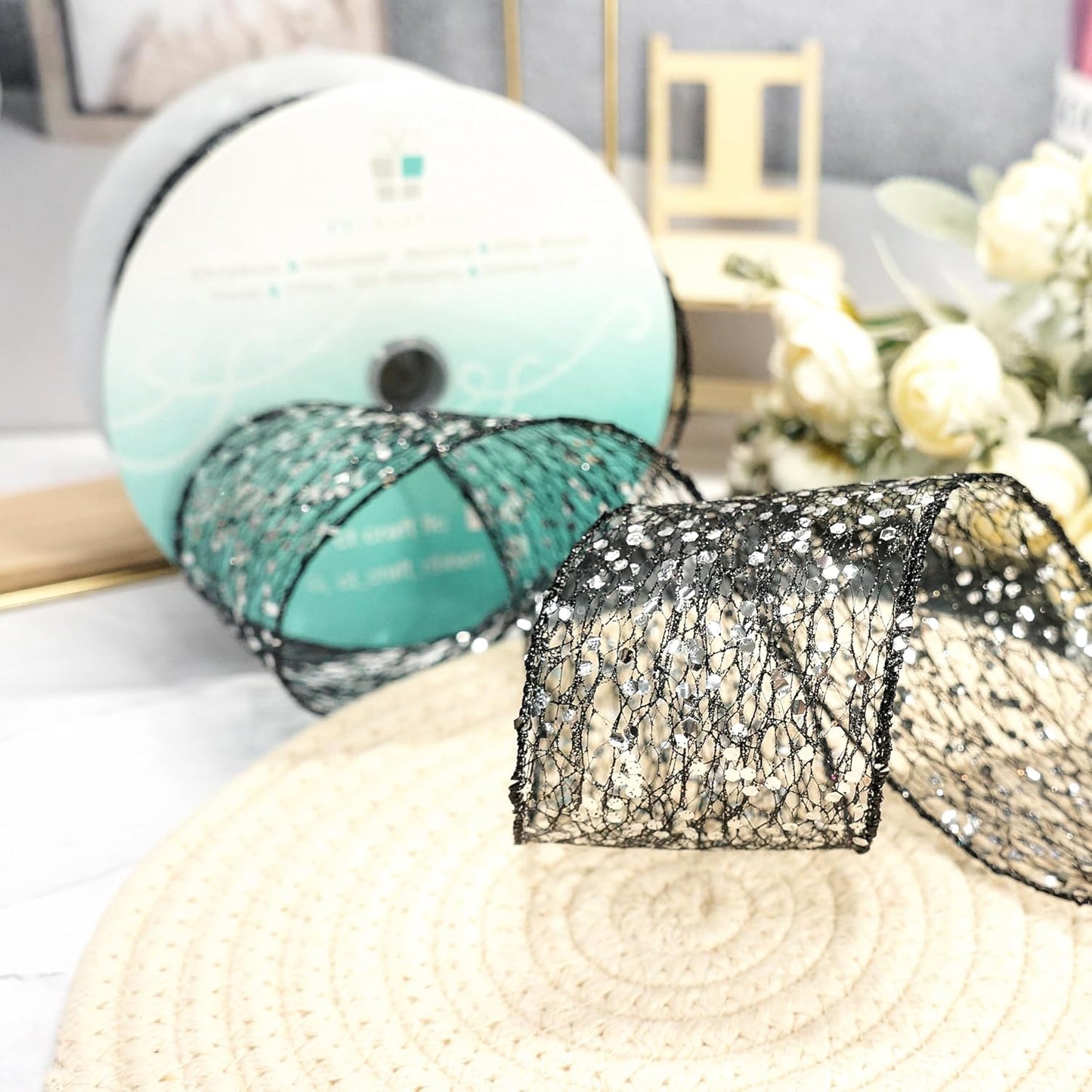 CT CRAFT LLC Sparkling Glitter Mesh Wired Ribbon 2.5" x 20 Yards Black for Christmas Home Decor Bow Gift Wrapping DIY Crafts Wreath