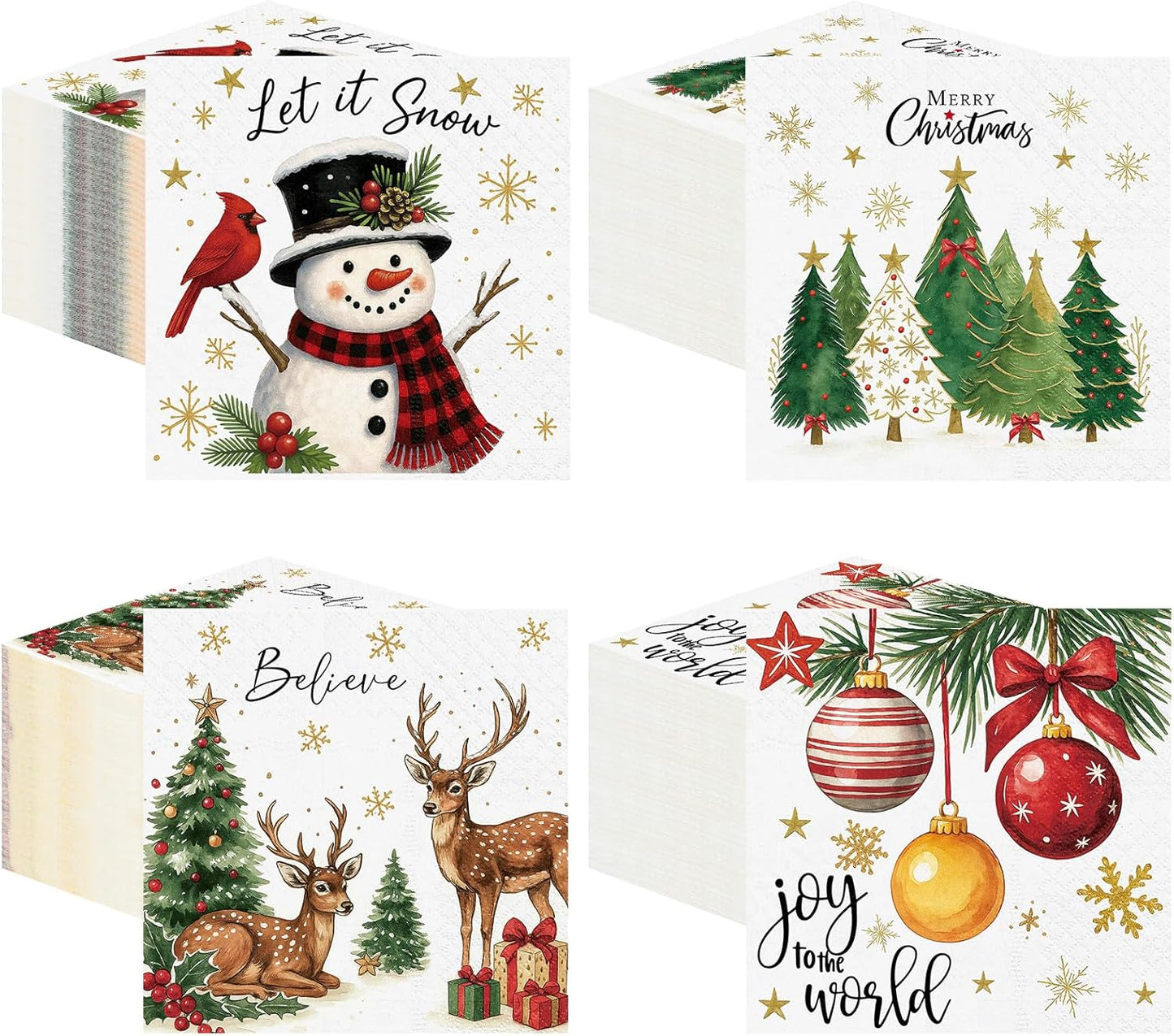 Janlaugh 200 Pcs Christmas Paper Cocktail Napkins Disposable 2 Ply Xmas Style Decoupage Beverage Napkins for Xmas Holiday Winter Dinner Table Decor (Classic Style)