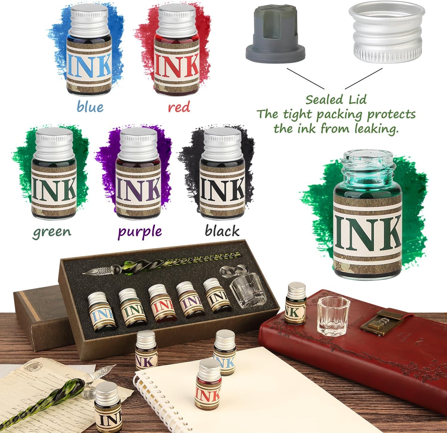 Mancola Glass Dipped Crystal Calligraphy Pen Set with 5 Colorful India Ink, 1 Pen Holder, 1 Cleaning Cup, Ink Drip Tool, Signatures, Drawing, Decoration Kits for Beginners