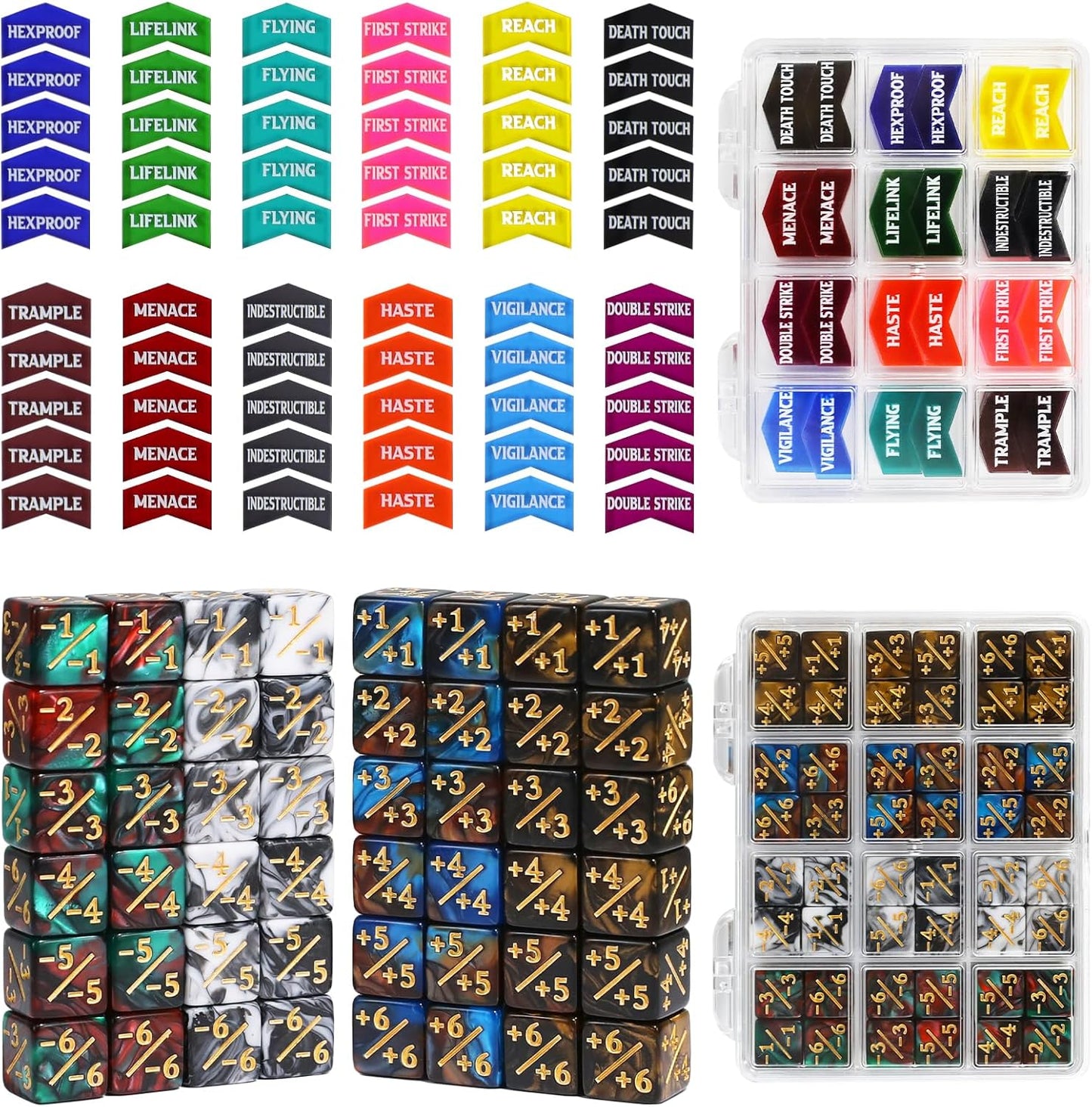 SIXPOINTS 108PCS 12mm MTG Counter Dice +1/+1 Tokens 6 Sided Dice & MTG Keyword Counters Tokens Set for Magic The Gathering, MTG, TCG, Card Games Accessories (4 Color Dices#F + MTG Keyword Counters)