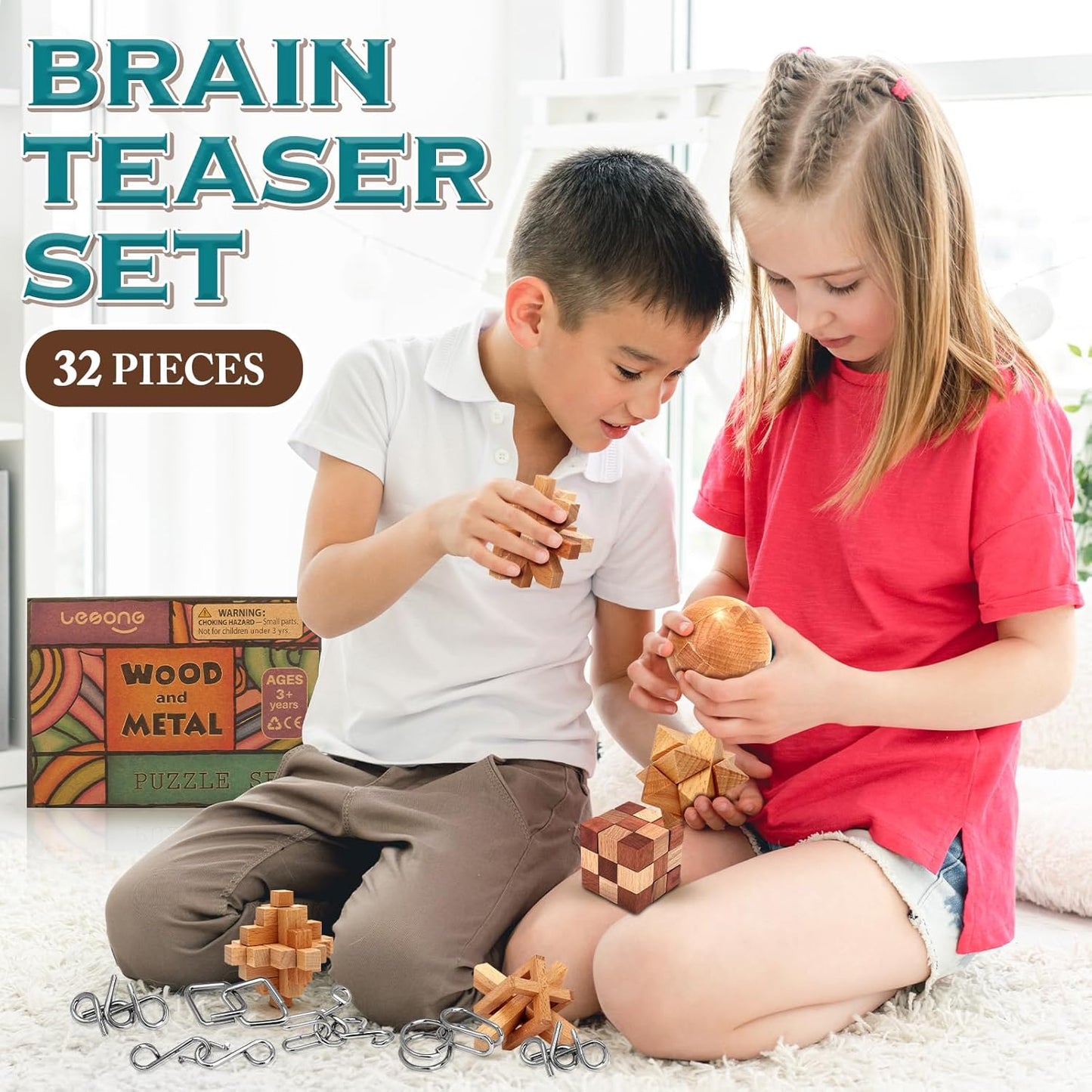 Brain Teaser Wooden Metal Puzzles - Stocking Stuffers Brain Teaser Disentanglement Iron Link Unlock Interlock Game Chinese Ring Magic Trick Toy for Party Favors Kids Adults Challenge 32pack