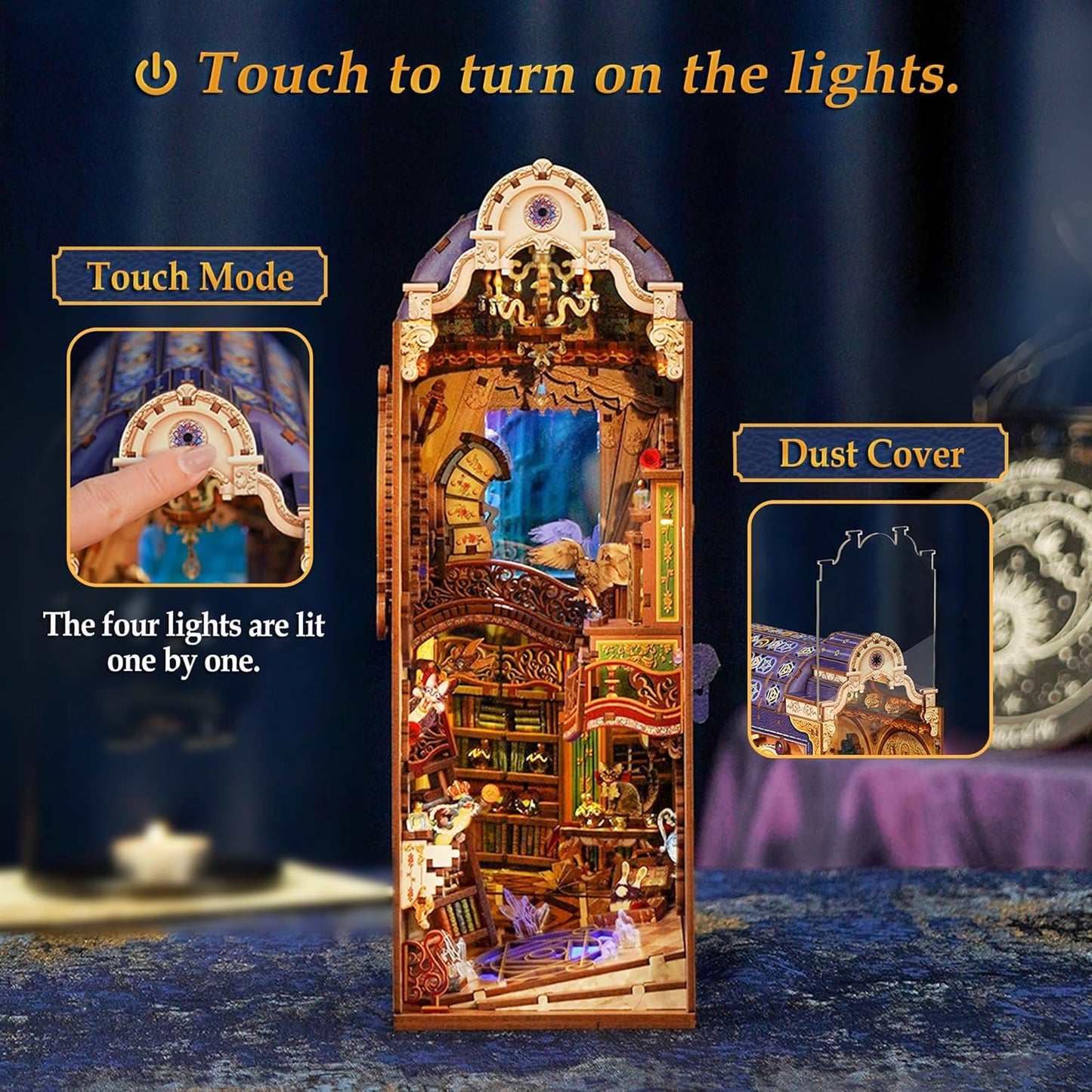 Tonecheer DIY Book Nook Kit for Adults, 3D Wooden Puzzle Bookend Miniature House Kit, Booknook Bookshelf Insert Decor with Dust Cover and LED Lights Gifts (Magical Library)