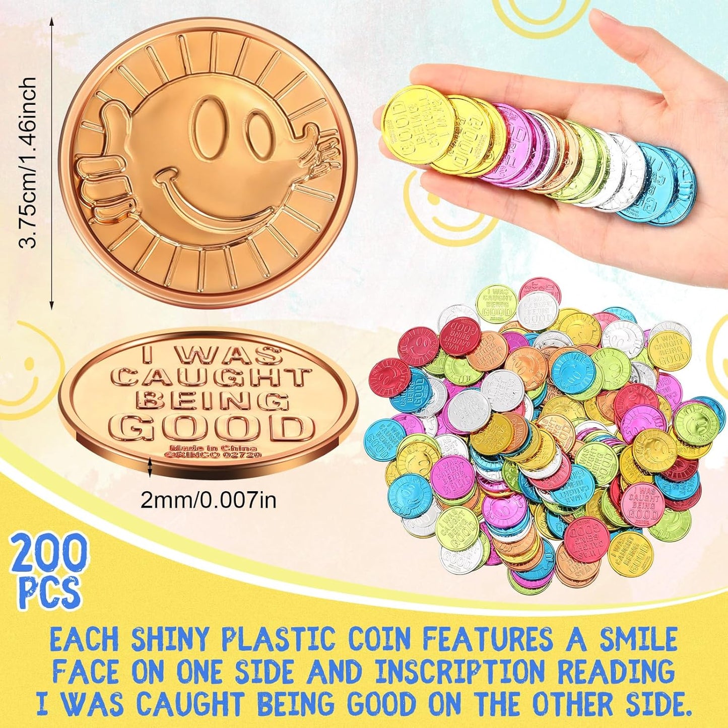 Jerify Caught Being Good Coins for Kids Behavior Tokens Plastic Reward Colored Pretend Coin Carnival Halloween Party Counting(200 Pcs,Smile Face)
