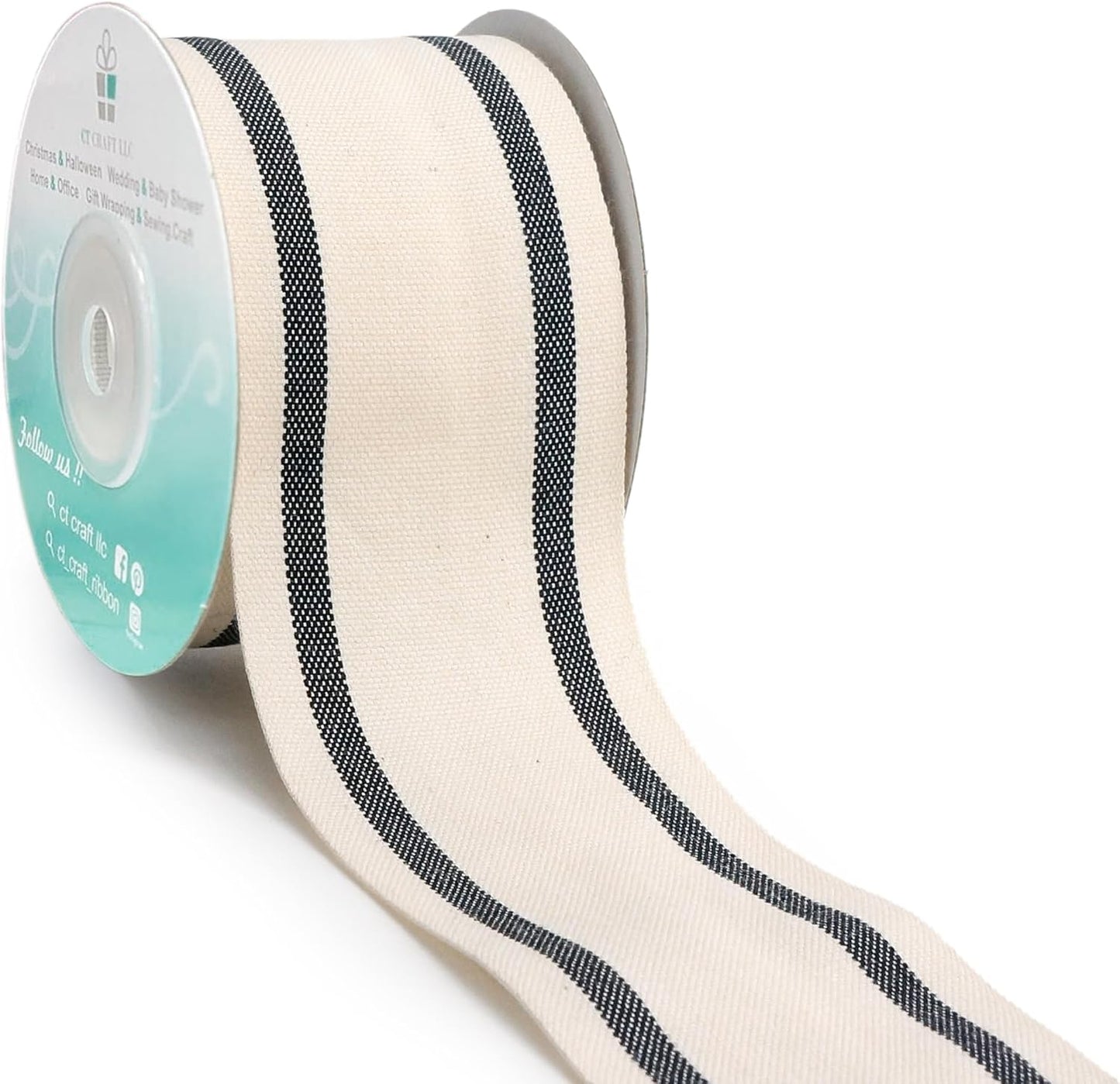 CT CRAFT LLC Ivory Cotton Black Stripes Ribbon 2" x 10 Yards for Home Décor Gift Present Wrapping DIY Crafts Birthday Wedding Bouquet Christmas