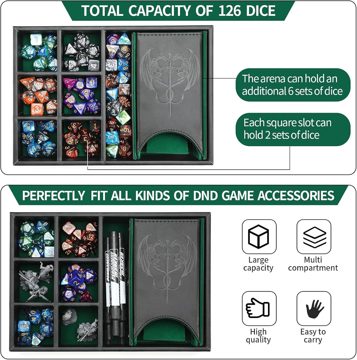 3 in 1 Dice Tray with Lid, Portable Dice Box Storage, D&D RPG MTG Table Games (Green)