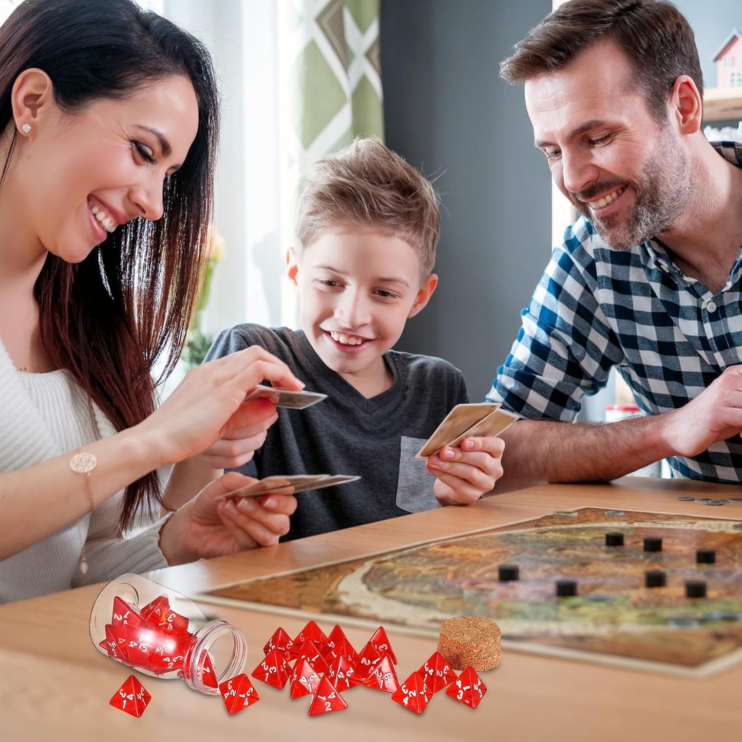 Wettarn 120 Pcs Transparent Red D4 Dice6 Pcs Pot Bottles Plastic Favor Jars with Cork Lids Healing Potion Bottles Polyhedral Dice Set for Party Favors Table Games(Novel Style)