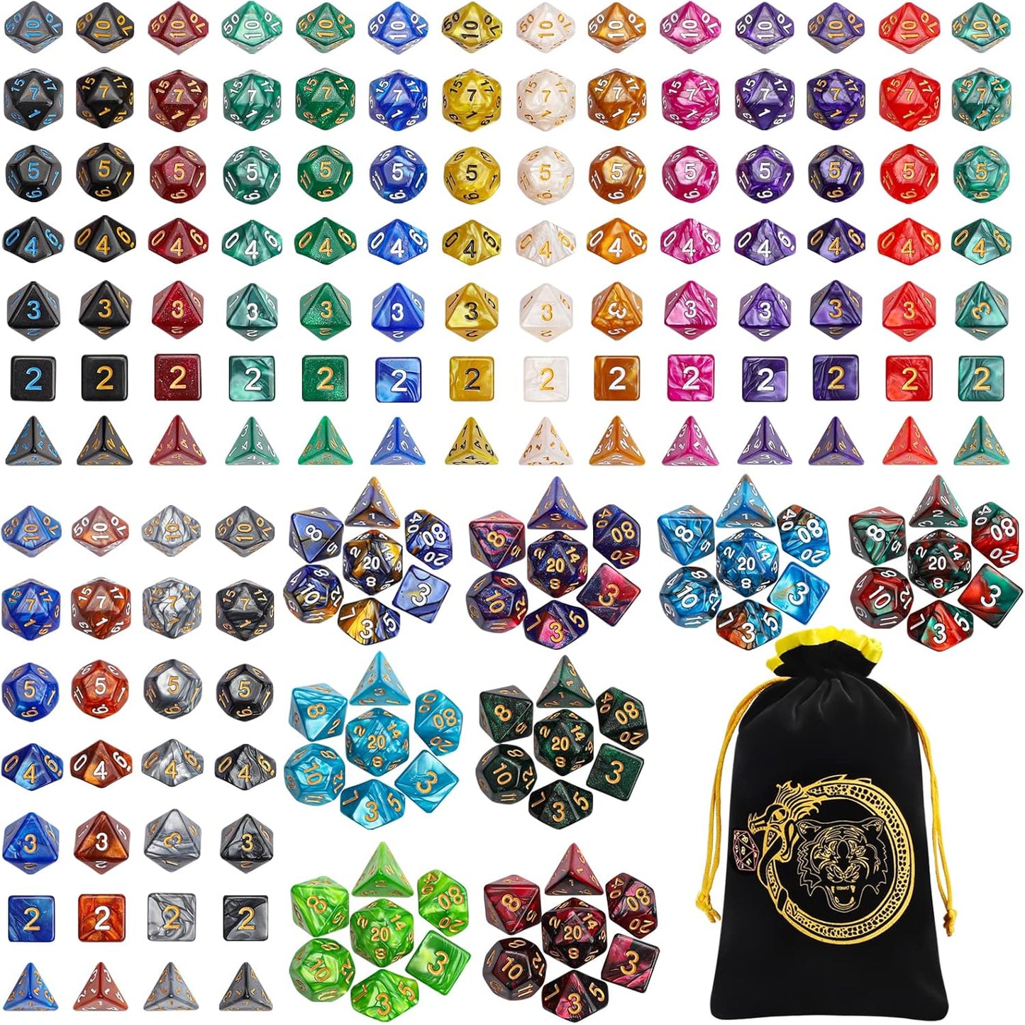 CiaraQ DND Dice Sets - 26 X 7 Polyhedral Dice (182pcs) with a Large Drawstring Bag Great for Dungeons and Dragons, Role Playing Table Game.