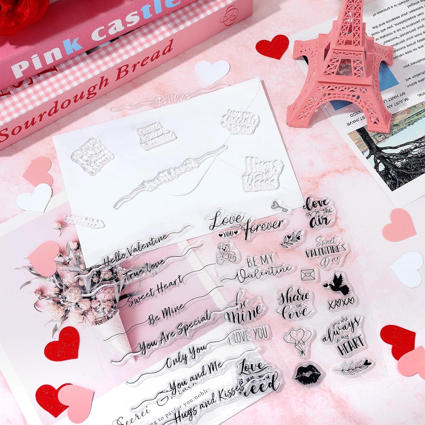 Whaline 4 Sheet Valentine's Day Words Clear Stamps Love Heart Silicone Transparent Stamps Border Stamp Cards for DIY Craft Card Making Scrapbooking Embossing Album Decor