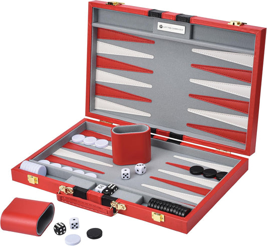 Get The Games Out Top Backgammon Set - Classic Board Game Case - Best Strategy & Tip Guide - Available in Small, Medium and Large Sizes (Red, Large)