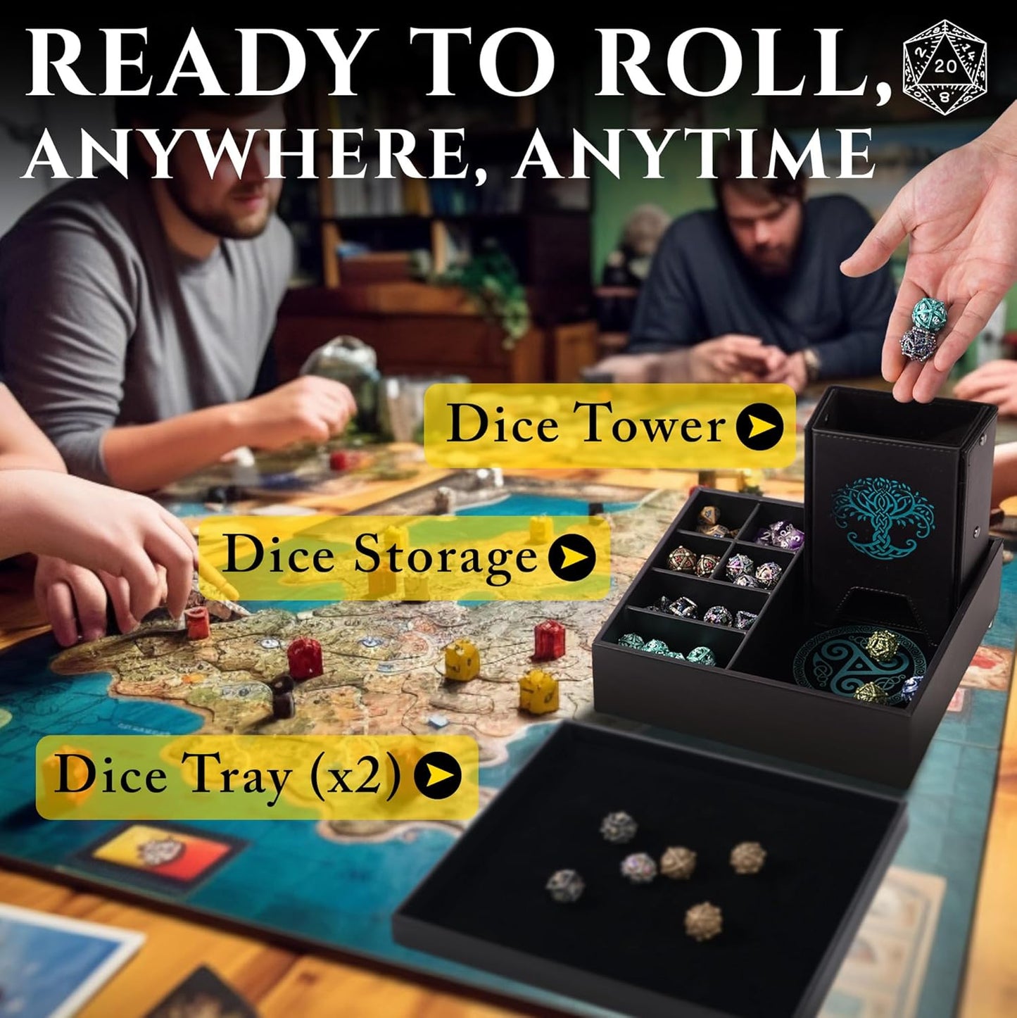 Dice Tray and Dice Tower for DND and RPG - All-in-One Game Roamer Tray & Large Tower for Random Rolls - Stores Your Sets, Mini's and More Compatible with D&D (Blue Tree)