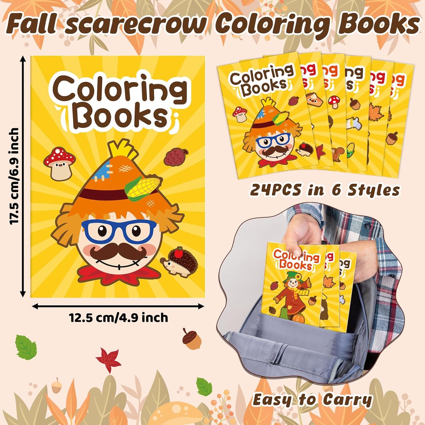 JAPBOR Fall Scarecrow Coloring Books - 24PCS Mini Autumn Scarecrows Color Book Bulk for Kids Party Favors, Thanksgiving Rustic Small Colouring Pages for Birthday Gifts Class Drawing Painting Game