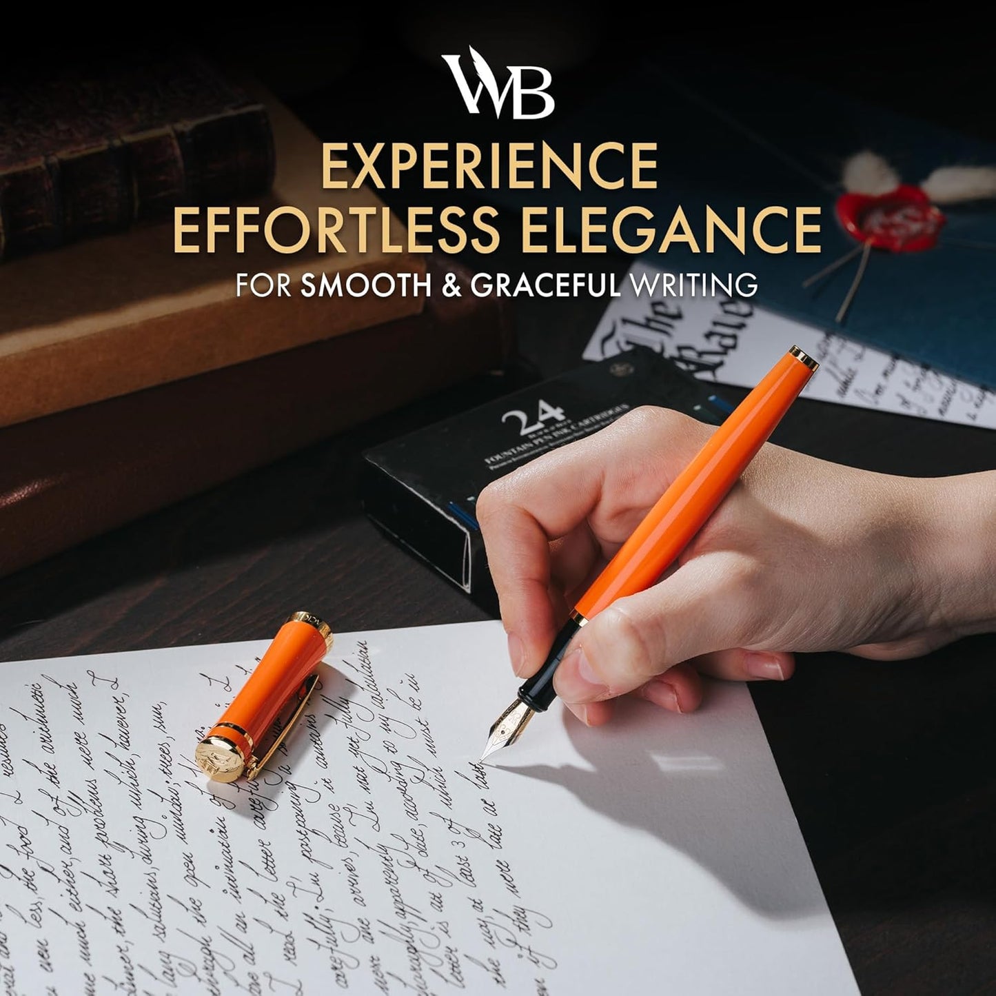 Wordsworth & Black Fountain Pen Set, 18K Gilded Medium Nib, Includes 24 Pack Ink Cartridges, Ink Refill Converter & Gift Box, Gold Finish, Calligraphy, [Orange], Perfect for Men & Women