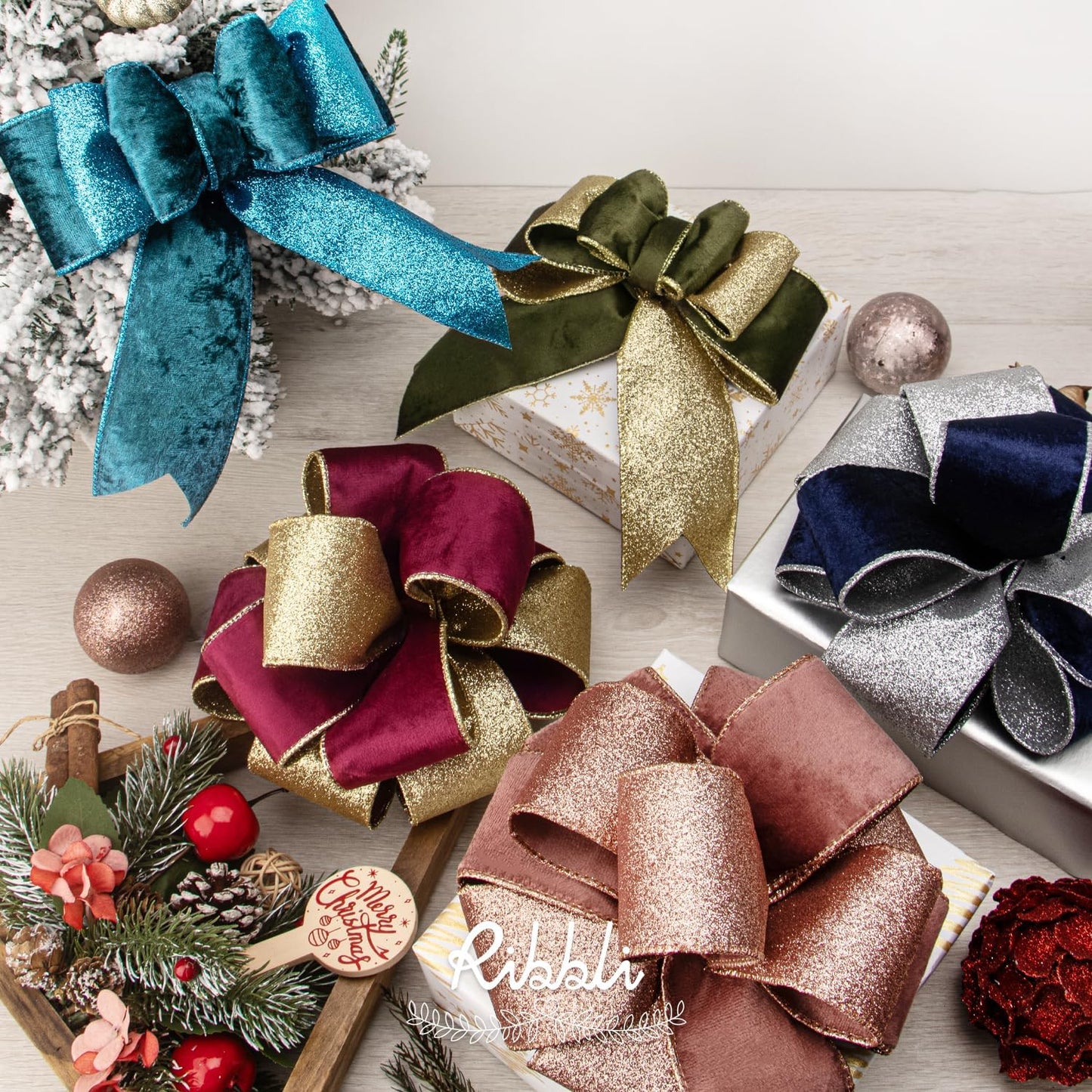 Ribbli Turquoise Blue Velvet Wired Ribbon 2.5 Inch Teal Velvet with Turquoise Blue Glitter Christmas Ribbon for Christmas Tree Decoration Big Bow Gift Wrapping Crafts Wreaths Supplies- 10 Yards