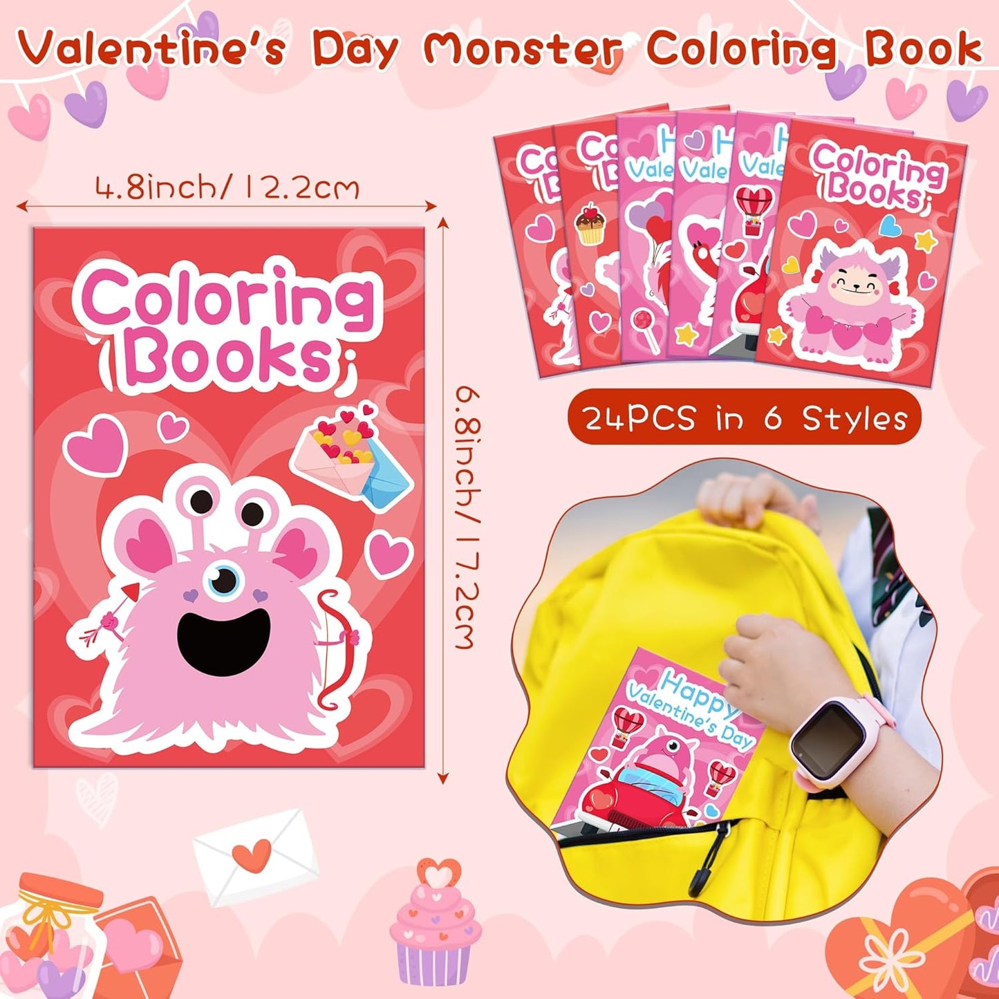JAPBOR Valentine's Day Coloring Book - 24PCS Mini Valentine Monster Color Books Bulk for Party Favors, Sweet Romantic Themed Small Colouring Pages for Birthday Gifts Class Drawing Painting Game