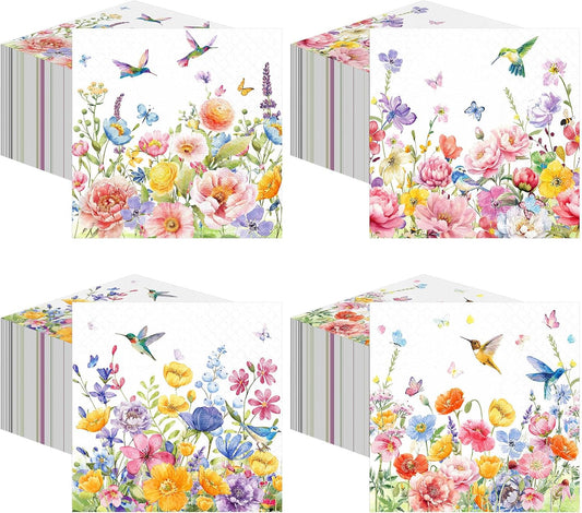 Janlaugh 200 Pcs Summer Floral Cocktail Napkins Disposable 2 Ply Flower Hummingbird Butterfly Dinner Paper Napkins Bulk for Summer Party Favor Supplies