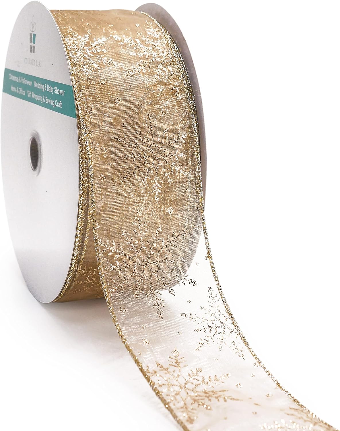 CT CRAFT LLC Organza with Champagne Gold Glitter Snowflakes Wired Ribbon 2.5 inch x 50 Yards for Christmas Home Decor Tree Topper Bow Gift Wrapping DIY Crafts Wreath Garland Wedding