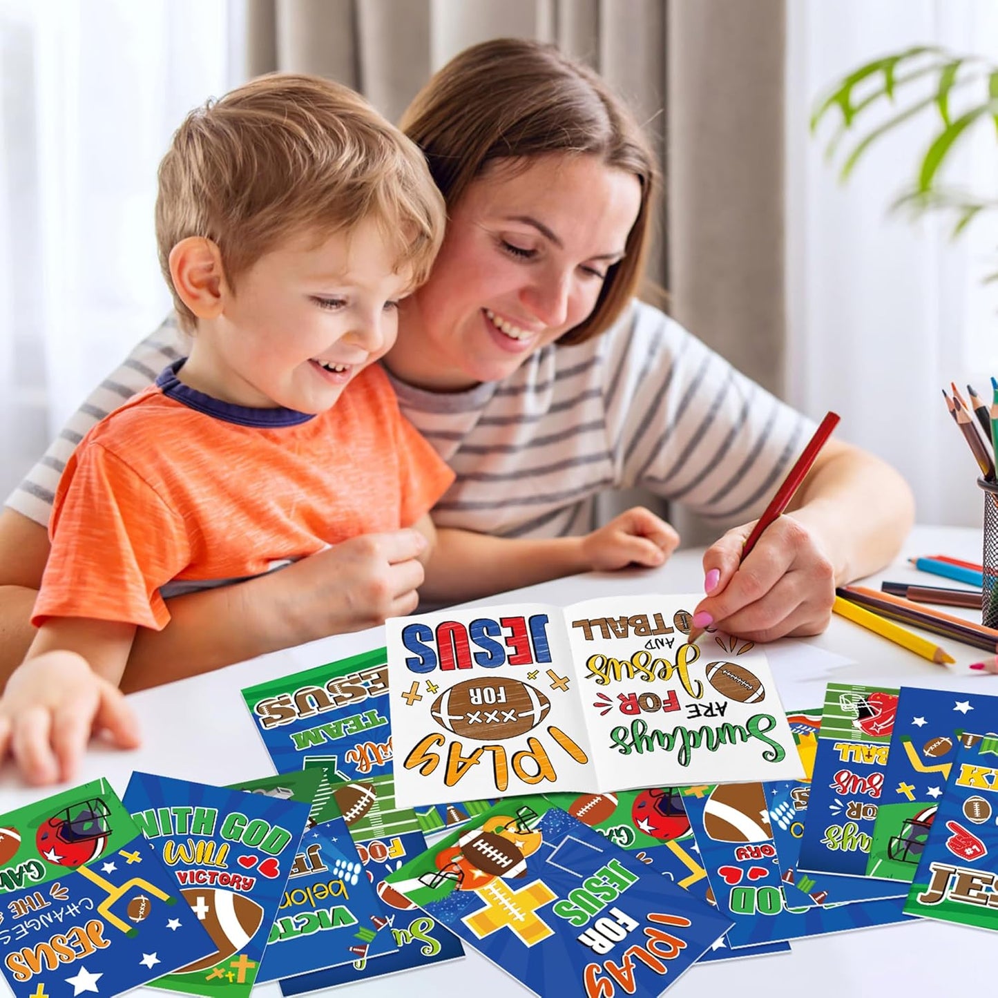 JAPBOR Football Coloring Books for Kids - 24PCS Mini Christian Themed Color Book Bulk Party Favors, Religious Jesus Bible Small Colour Pages for Sunday School Church Classroom Drawing Painting Games