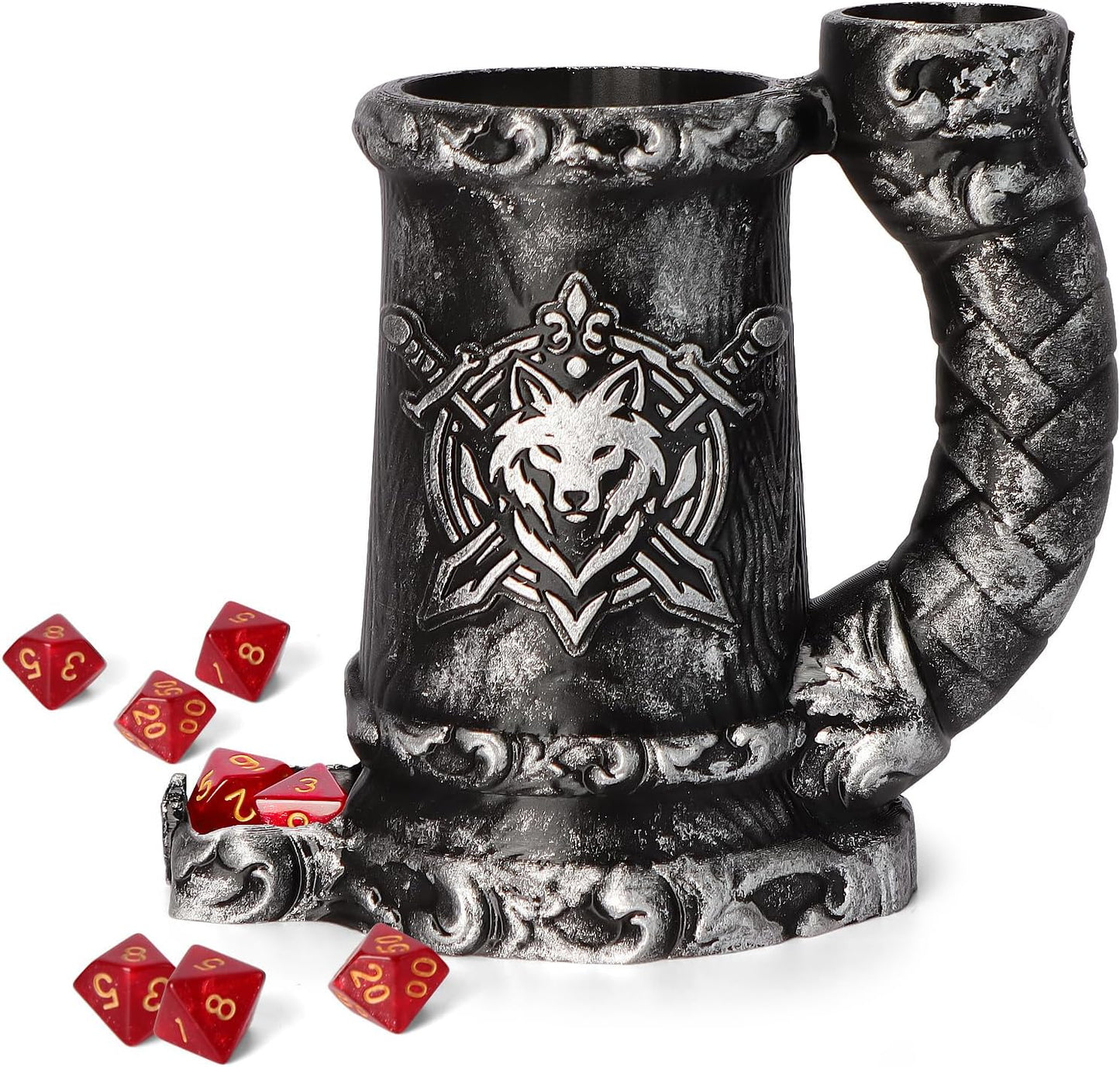Mug Dice Tower - Dice Rolling Tower,(7PCS D20 Dice Set Included) for DND Gift and Dungeons and Dragon, Tabletop Games, Drink Holder, Tavern Style Board Game Roller (Black)