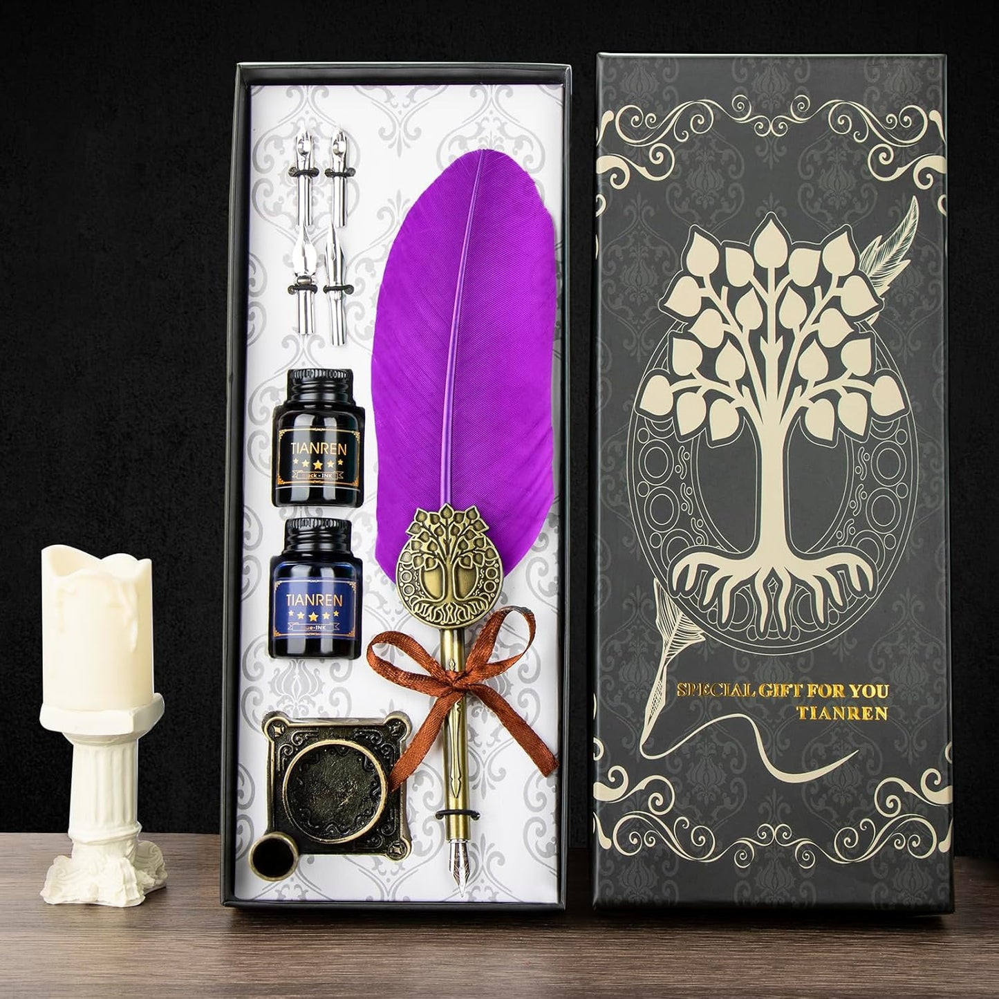 Quill pen ink set,Feather Pen and Ink Set,Antique Calligraphy Pen with 4 Replaceable Nibs,2 Bottle of ink,Feather Dip Pen Holder Christmas Gift for Men&Women.(Purple)