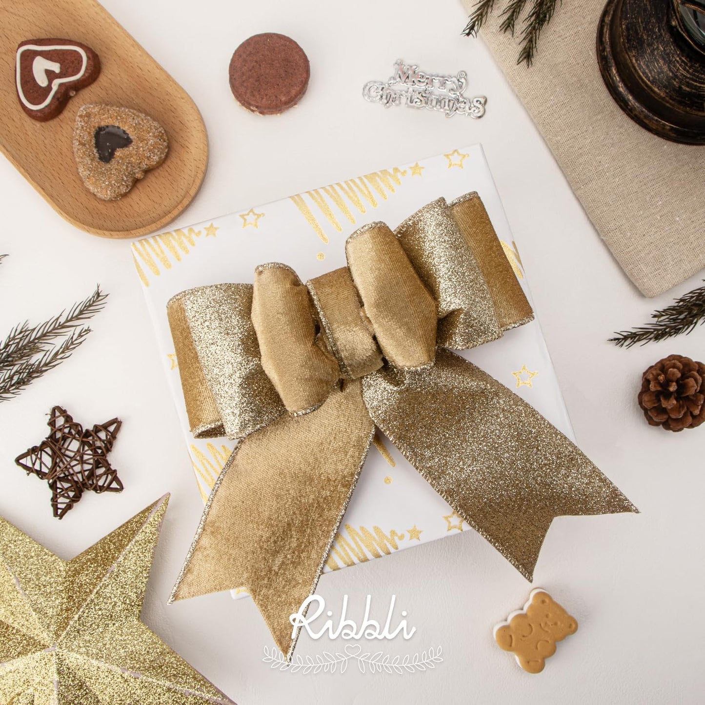 Ribbli Champagne Gold Velvet Wired Ribbon 2.5 Inch Khaki Velvet with Champagne Glitter Christmas Ribbon for Christmas Tree Decoration Big Bow Gift Wrapping Crafts Wreaths Supplies- 10 Yards